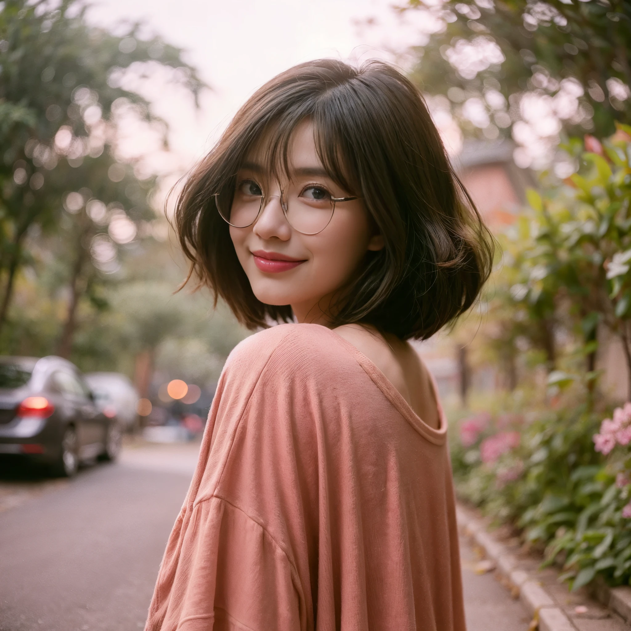 Candid film photography, a beautiful Indonesian-looking woman aged 20 years, wearing oval glasses, short wavy bob hairstyle, wearing an oversized pink women's shirt, back view, photo pose from behind with a smiling face looking at the camera, sidewalk background with green vegetation surrounding. bokeh, high detail, retro gradient effect, nikonz50 po, 10-20mm cropsensor lens, Ss 1/6  f 4.6  iso 100