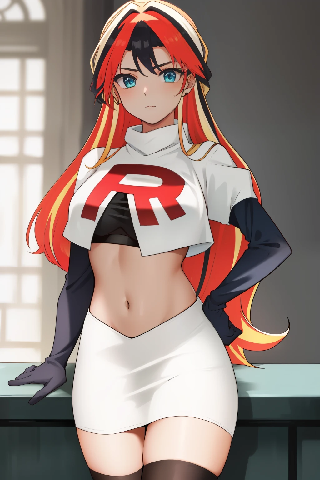 ((best quality)), ((highly detailed)), masterpiece, (detailed eyes, deep eyes), (1girl), cowboy shot, SunsetHuman, (multicolored hair, (two-tone hair:1.1), red and blonde hair), BREAK, aqua eyes, team rocket,team rocket uniform,white skirt,red letter R,crop top,black thigh-highs,black elbow gloves