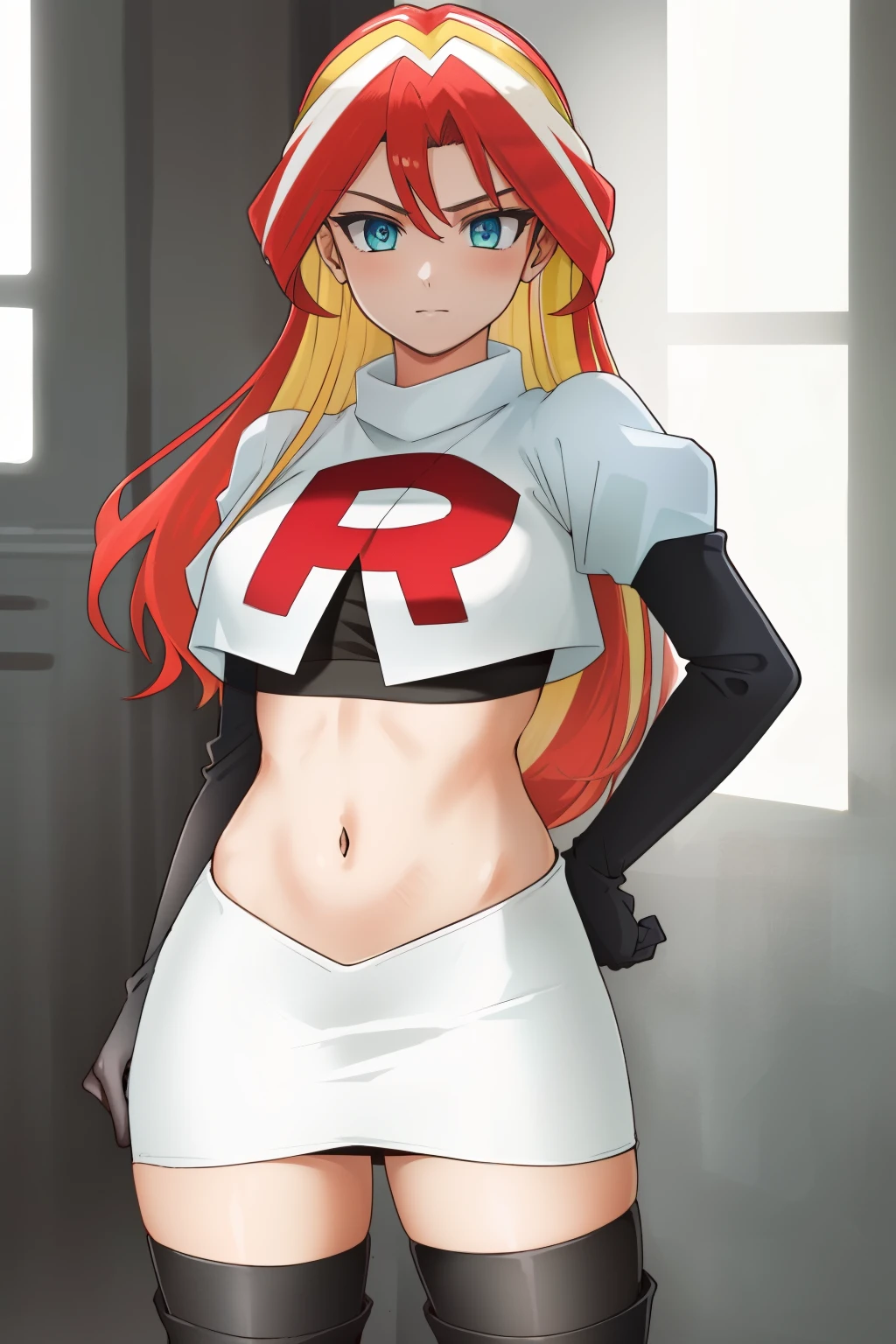 ((best quality)), ((highly detailed)), masterpiece, (detailed eyes, deep eyes), (1girl), cowboy shot, SunsetHuman, (multicolored hair, (two-tone hair:1.1), red and blonde hair), BREAK, aqua eyes, team rocket,team rocket uniform,white skirt,red letter R,crop top,black thigh-highs,black elbow gloves