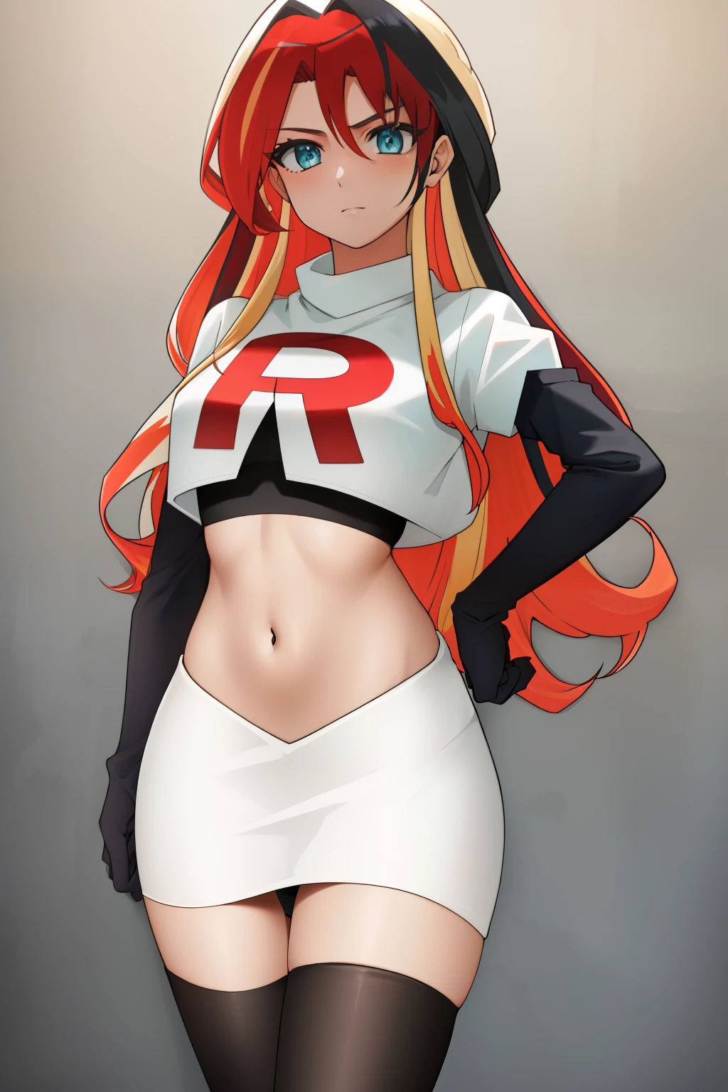 ((best quality)), ((highly detailed)), masterpiece, (detailed eyes, deep eyes), (1girl), cowboy shot, SunsetHuman, (multicolored hair, (two-tone hair:1.1), red and blonde hair), BREAK, aqua eyes, team rocket,team rocket uniform,white skirt,red letter R,crop top,black thigh-highs,black elbow gloves