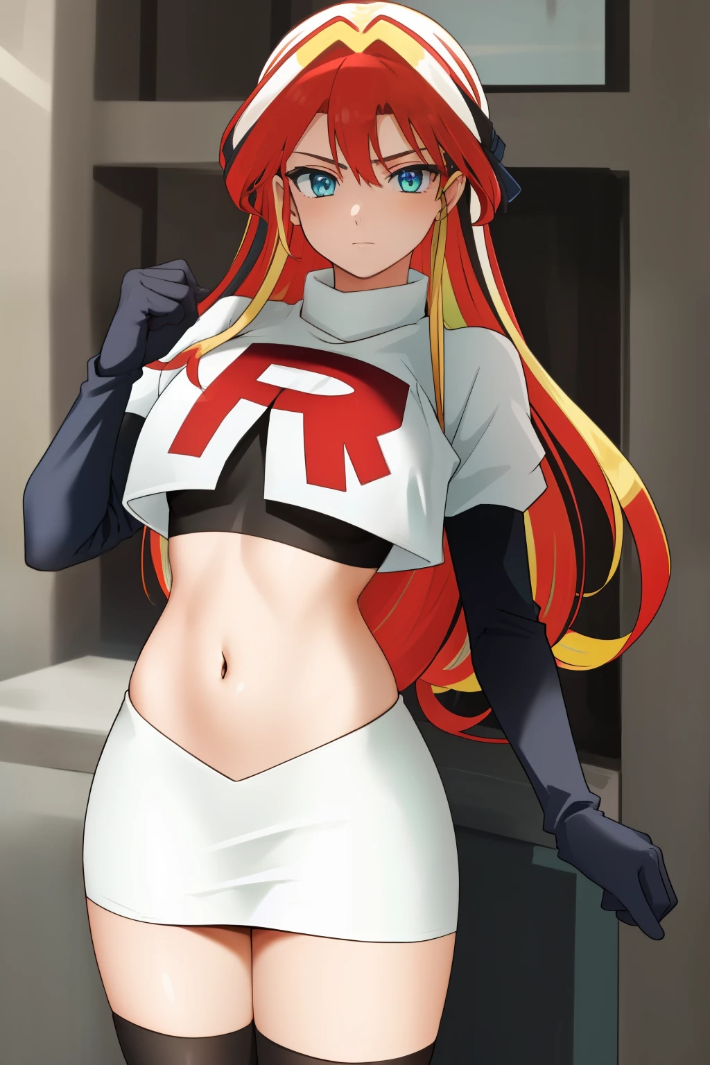((best quality)), ((highly detailed)), masterpiece, (detailed eyes, deep eyes), (1girl), cowboy shot, SunsetHuman, (multicolored hair, (two-tone hair:1.1), red and blonde hair), BREAK, aqua eyes, team rocket,team rocket uniform,white skirt,red letter R,crop top,black thigh-highs,black elbow gloves