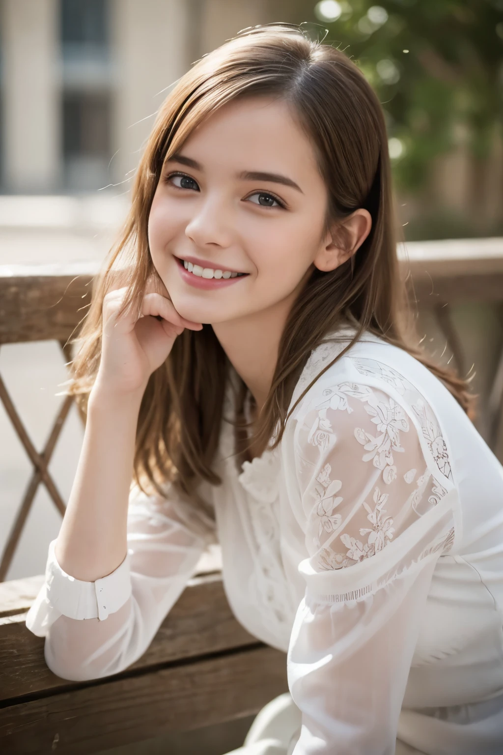 Masterpiece, Best quality, 8k, 18 ans, Photo brute, absurdes, Award-winning portrait, sourire, sourire, pure, french, laces, catalogue, happy smile, philosopher, sitting, highly intelligent, smart, fresh