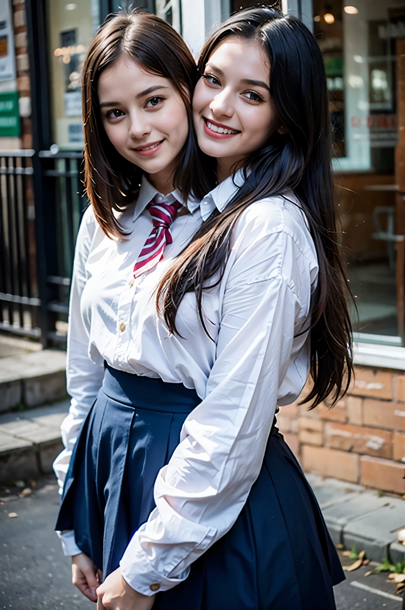 2heads, two headed girl, age 18, student, school uniform, Irish, outside school, closeup, chubby,