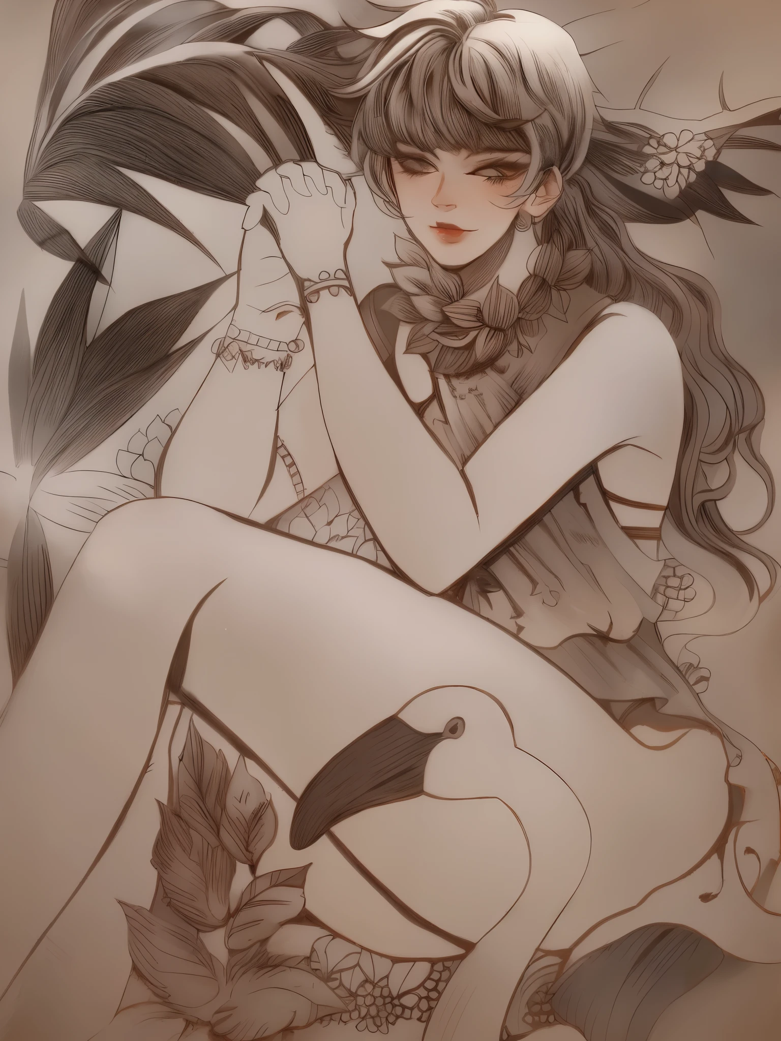 An elegant and abstract female figure depicted with a minimalist and ethereal style. She has a stylized silhouette with flowing lines and a monochrome color palette, primarily black and white with touches of sepia. Her face is serene with simple, delicate features and a hint of blush on her cheeks. She appears to be in a meditative state, with smoke-like strokes emanating from her body, suggesting a fusion of the figure with the surrounding space. whole body, in the style of wu guanzhong, The background is light gray and green, Floral fragrance,whimsical, ink wash, cityscape, riverbank, boat,traditional media, blue sky, overgrown, plants,flowershighly detailed,ultra-detailed