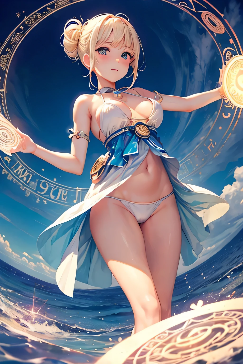 (((magic circle)))、pubic hair、Ocean、sun、white bikini、Beautiful female magician、blonde updo、((whole body))、(((photo taken from below)))