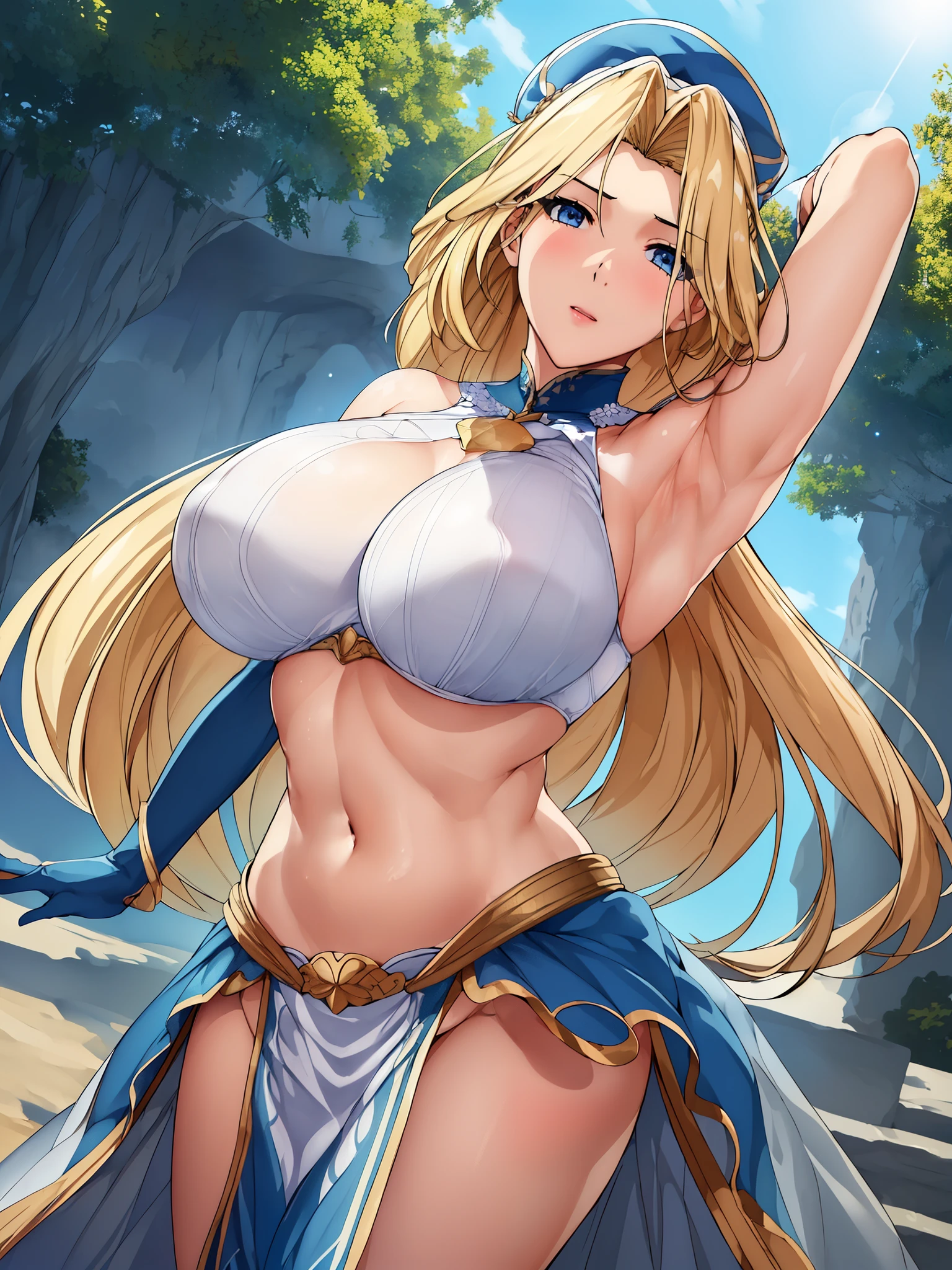 (((Show your armpits))),(Day),白colorの背景,blue sky,outdoors, standing at attention, bridal gauntlet,blue bra,gloves, jewelry,abdomen, 前hair, blonde hair,blue eyes,Braid,length_hair, 1 girl, 20 years,young woman,beautiful Finger,beautiful long legs,beautiful body,beautiful Nose,beautiful character design, perfect eyes, perfect face,expressive eyes, looking at the viewer,(Focus on her face),closed_mouth, official art,Highly detailed CG Unity 8k wallpaper, perfect lighting,colorful, bright_front_face_lit,shiny skin, (masterpiece:1.0),(Highest_quality:1.0), 超High resolution,4k,super detailed, photograph, 8k, HDR, High resolution, disorganized:1.2, kodak portrait 400, film grain, blurred background, Bokeh:1.2, Lens flare, (lively_color:1.2) (beautiful,big_chest:1.4), (beautiful_face:1.5),(narrow_waist),