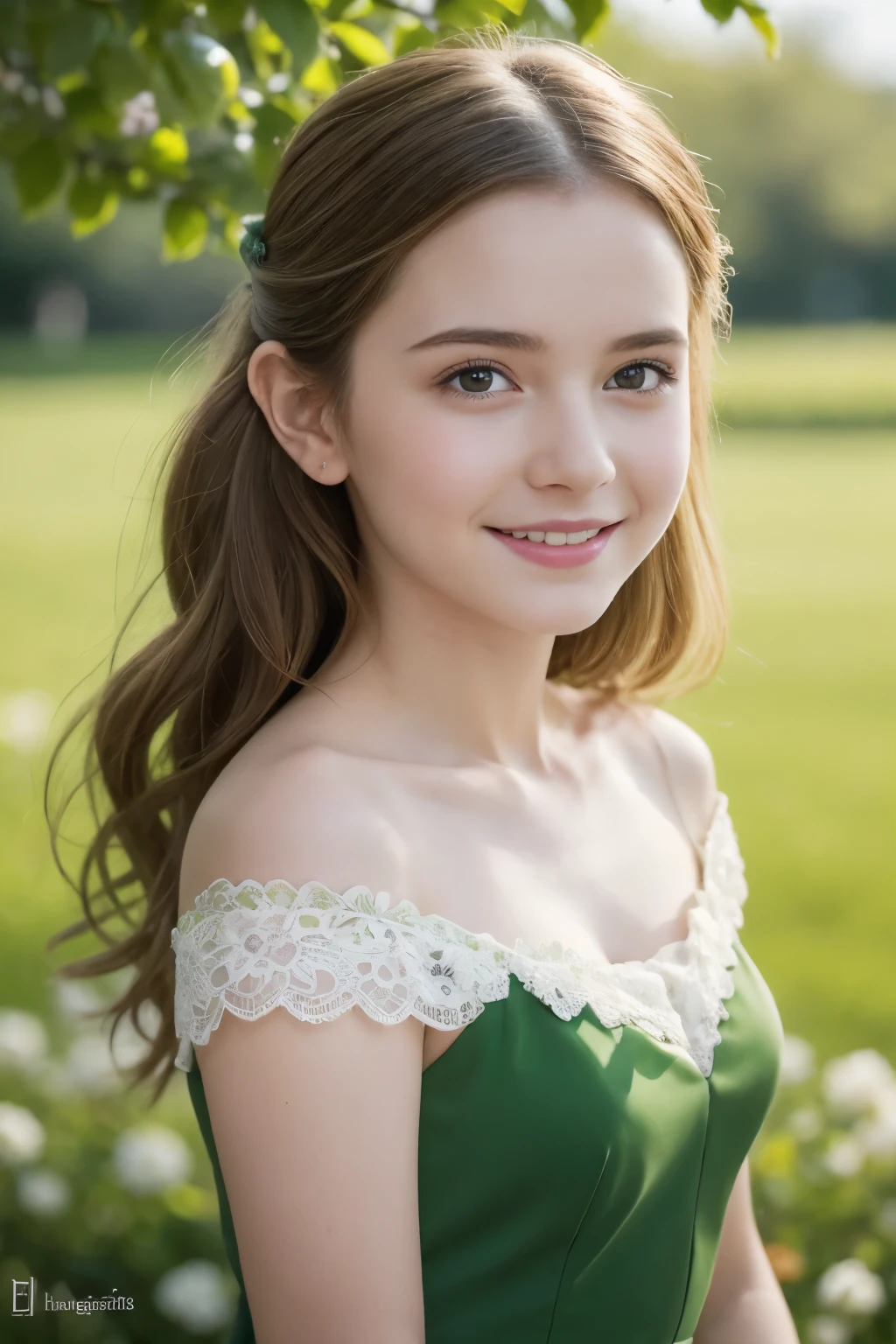 Masterpiece, Best quality, 8k, 18 ans, Photo brute, absurdes, Award-winning portrait, sourire, sourire, pure, french, elegant vibrant green dress, spring, orchard in bloom, laces, famous singer, cute, fit, healthy, lovely, princess