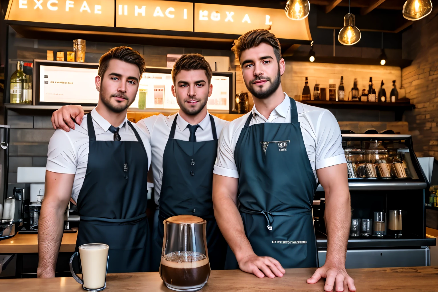 4men, four men, 23 y.o., european men, muscular men, wearing a short-sleeved white shirt and tie, coffeeshop, best quality, espresso machine, white rock bar, behind a counter, black apron, coffeeshop name MYATA, photo like album cover, 8K UHD, DSLR, Filmkorn, Fujifilm XT3 fotorealistische Malerei von Midjourney und Greg Rutkowski
