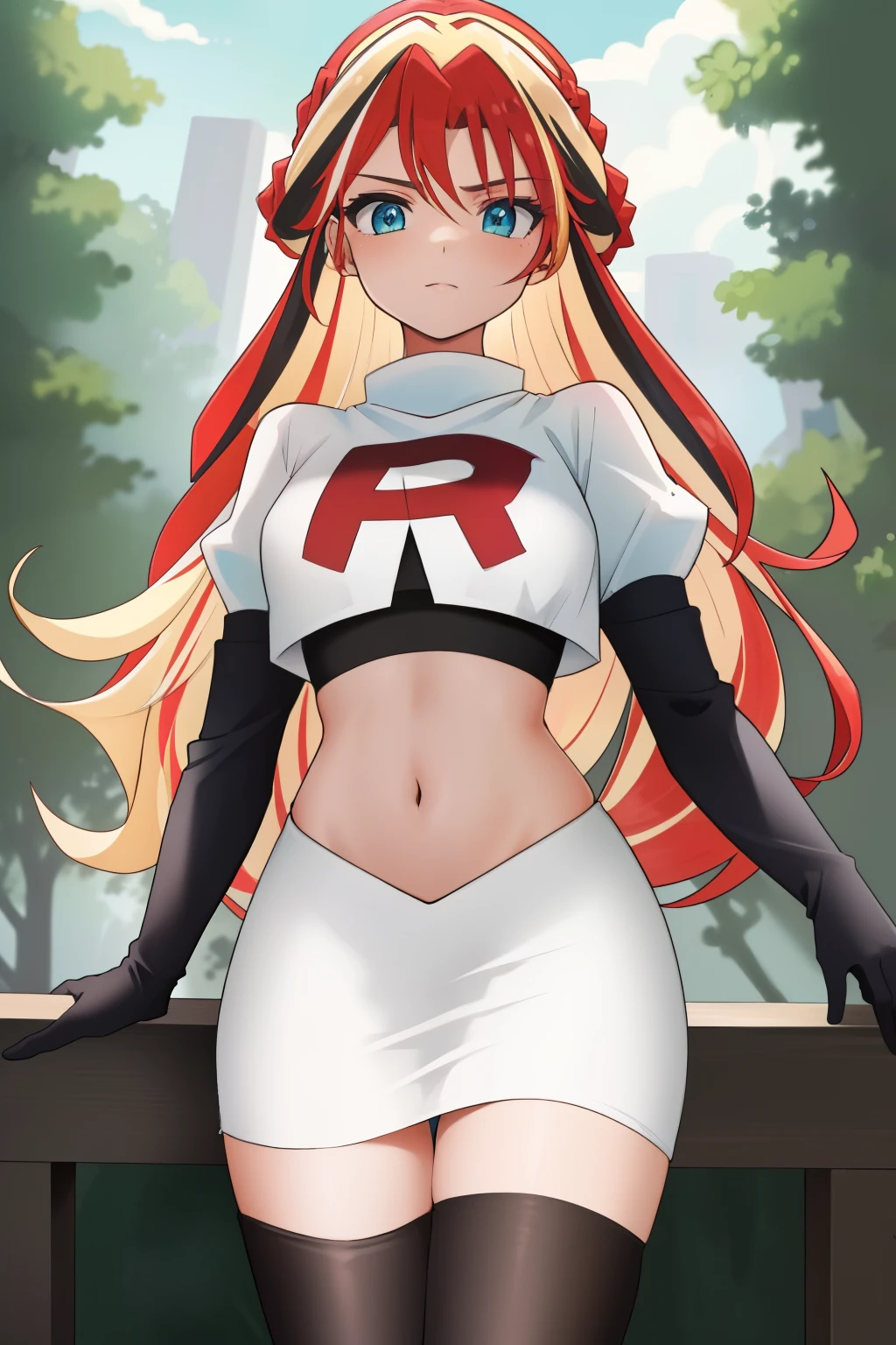 ((best quality)), ((highly detailed)), masterpiece, (detailed eyes, deep eyes), (1girl), cowboy shot, SunsetHuman, (multicolored hair, (two-tone hair:1.1), red and blonde hair), BREAK, aqua eyes, team rocket,team rocket uniform,white skirt,red letter R,crop top,black thigh-highs,black elbow gloves