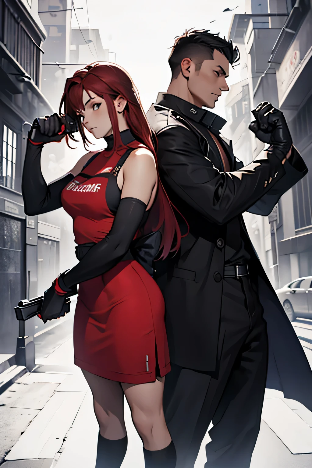 red-haired woman in a long black dress and a gun in her hand next to a man with black hair and boxing gloves