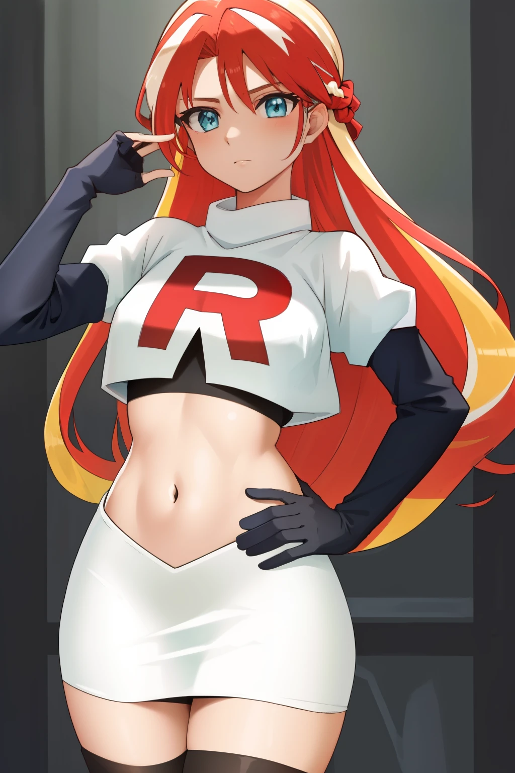 ((best quality)), ((highly detailed)), masterpiece, (detailed eyes, deep eyes), (1girl), cowboy shot, SunsetHuman, (multicolored hair, (two-tone hair:1.1), red and blonde hair), BREAK, aqua eyes, team rocket,team rocket uniform,white skirt,red letter R,crop top,black thigh-highs,black elbow gloves