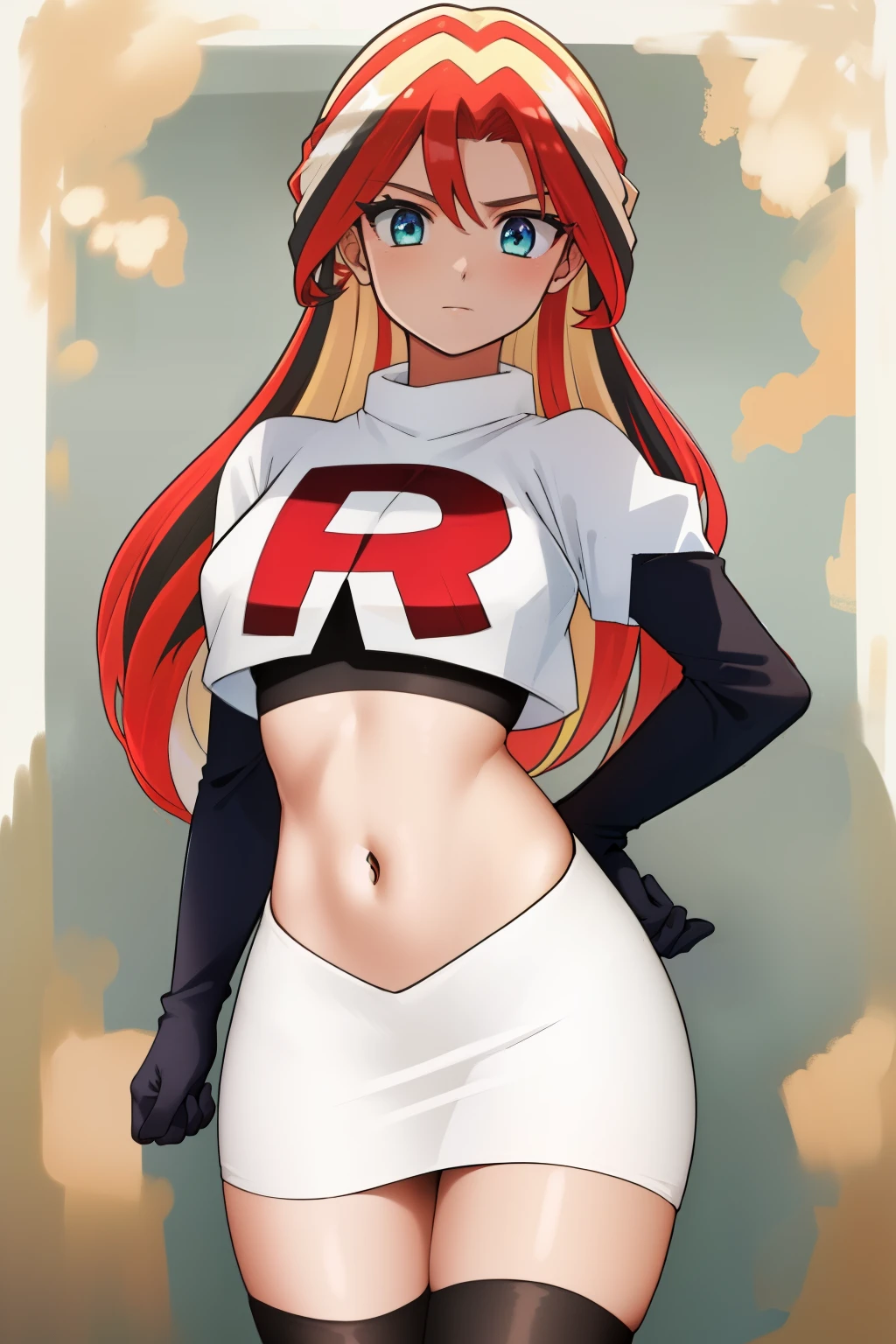 ((best quality)), ((highly detailed)), masterpiece, (detailed eyes, deep eyes), (1girl), cowboy shot, SunsetHuman, (multicolored hair, (two-tone hair:1.1), red and blonde hair), BREAK, aqua eyes, team rocket,team rocket uniform,white skirt,red letter R,crop top,black thigh-highs,black elbow gloves