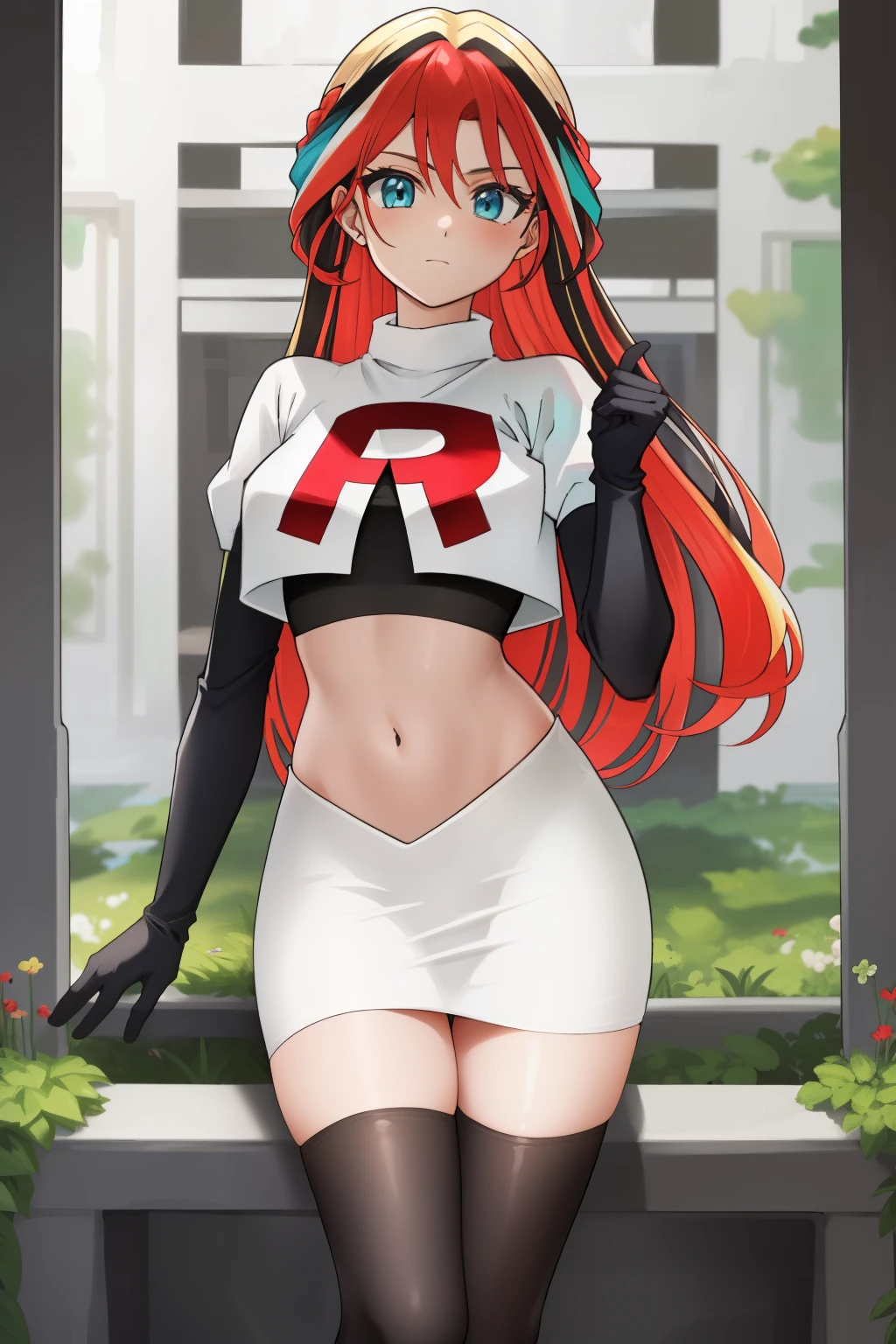 ((best quality)), ((highly detailed)), masterpiece, (detailed eyes, deep eyes), (1girl), cowboy shot, SunsetHuman, (multicolored hair, (two-tone hair:1.1), red and blonde hair), BREAK, aqua eyes, team rocket,team rocket uniform,white skirt,red letter R,crop top,black thigh-highs,black elbow gloves