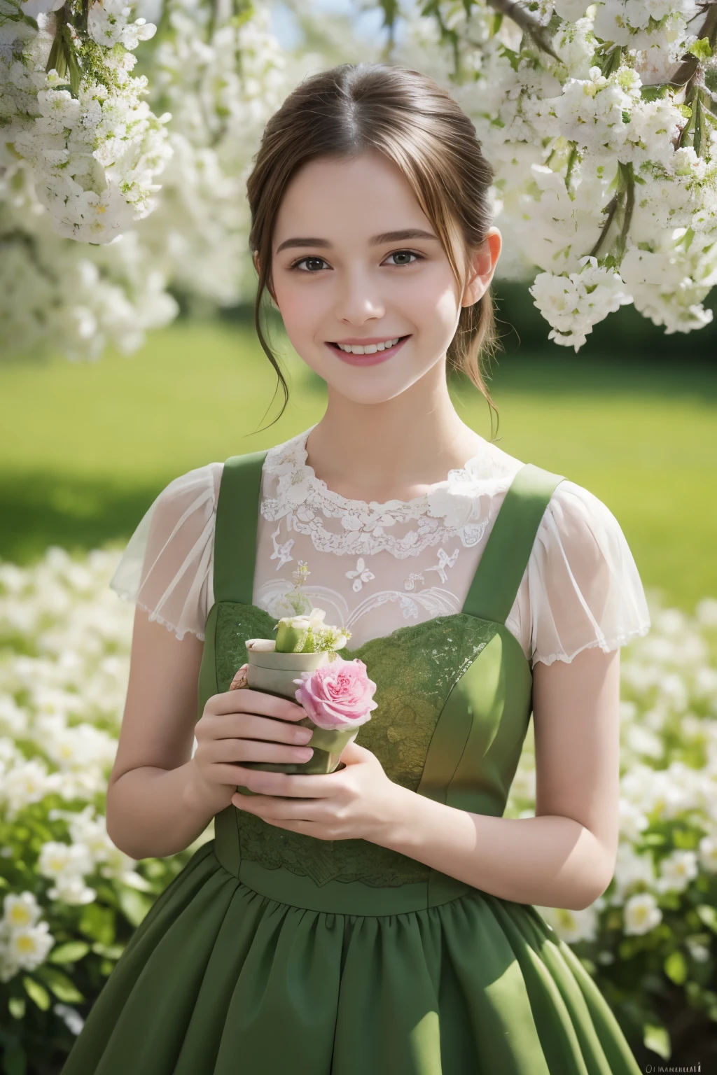 Masterpiece, Best quality, 8k, 18 ans, Photo brute, absurdes, Award-winning portrait, sourire, sourire, pure, french, elegant vibrant green dress, spring, orchard in bloom, laces, famous singer, cute, fit, healthy