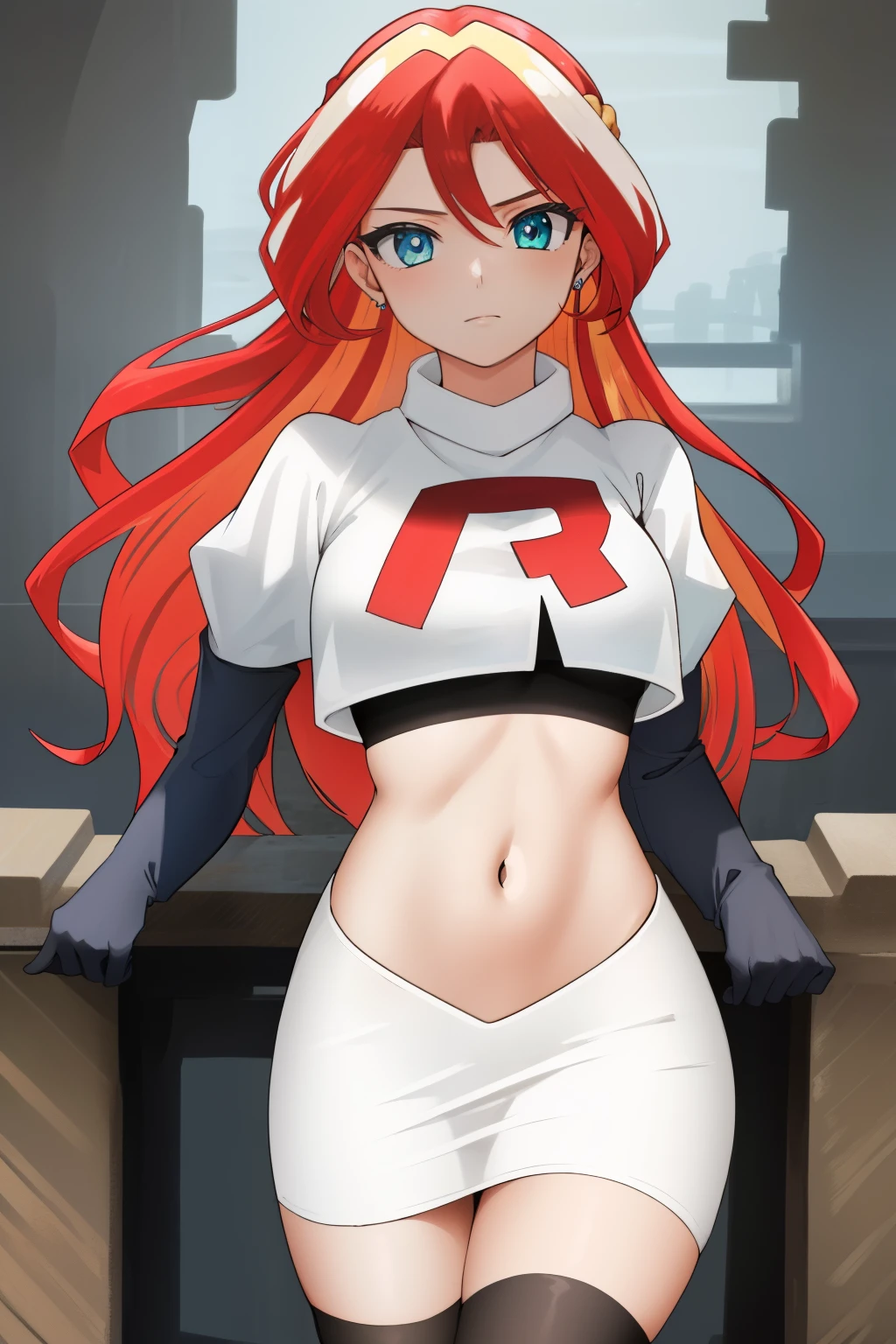 ((best quality)), ((highly detailed)), masterpiece, (detailed eyes, deep eyes), (1girl), cowboy shot, SunsetHuman, (multicolored hair, (two-tone hair:1.1), red and blonde hair), BREAK, aqua eyes, team rocket,team rocket uniform,white skirt,red letter R,crop top,black thigh-highs,black elbow gloves