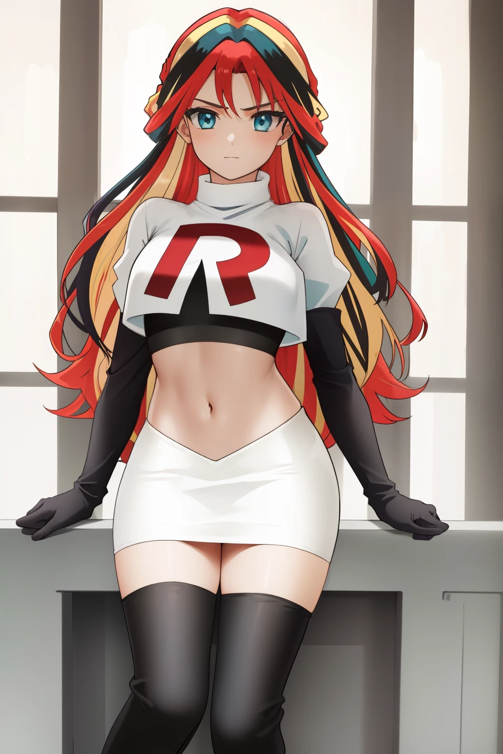 ((best quality)), ((highly detailed)), masterpiece, (detailed eyes, deep eyes), (1girl), cowboy shot, SunsetHuman, (multicolored hair, (two-tone hair:1.1), red and blonde hair), BREAK, aqua eyes, team rocket,team rocket uniform,white skirt,red letter R,crop top,black thigh-highs,black elbow gloves