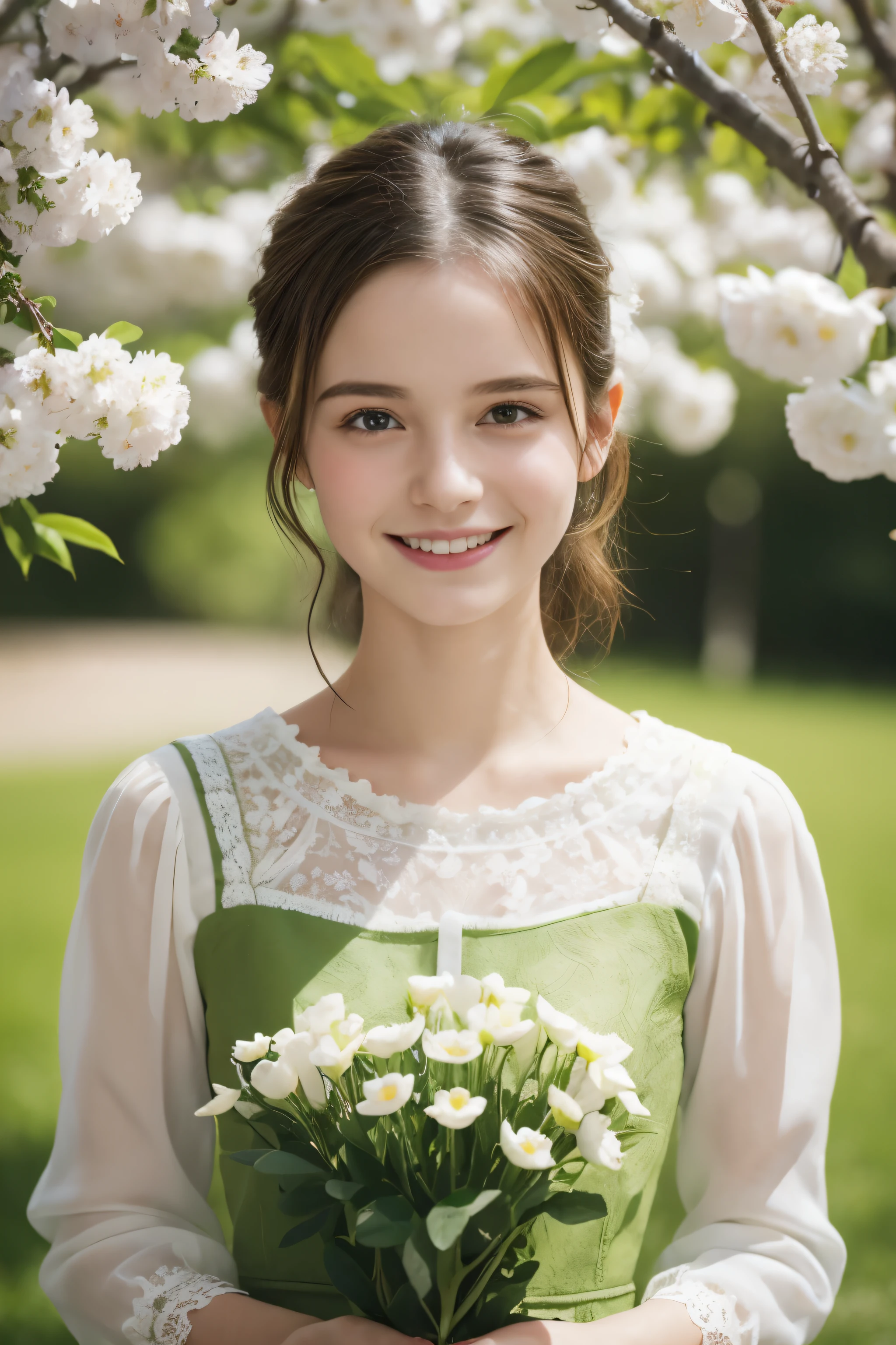 Masterpiece, Best quality, 8k, 18 ans, Photo brute, absurdes, Award-winning portrait, sourire, sourire, pure, french, elegant vibrant green dress, spring, orchard in bloom, laces, famous singer, cute, fit, healthy