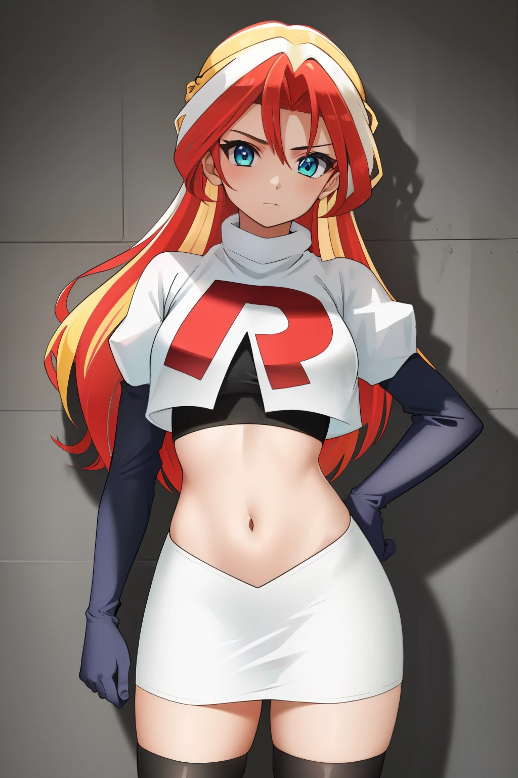 ((best quality)), ((highly detailed)), masterpiece, (detailed eyes, deep eyes), (1girl), cowboy shot, SunsetHuman, (multicolored hair, (two-tone hair:1.1), red and blonde hair), BREAK, aqua eyes, team rocket,team rocket uniform,white skirt,red letter R,crop top,black thigh-highs,black elbow gloves