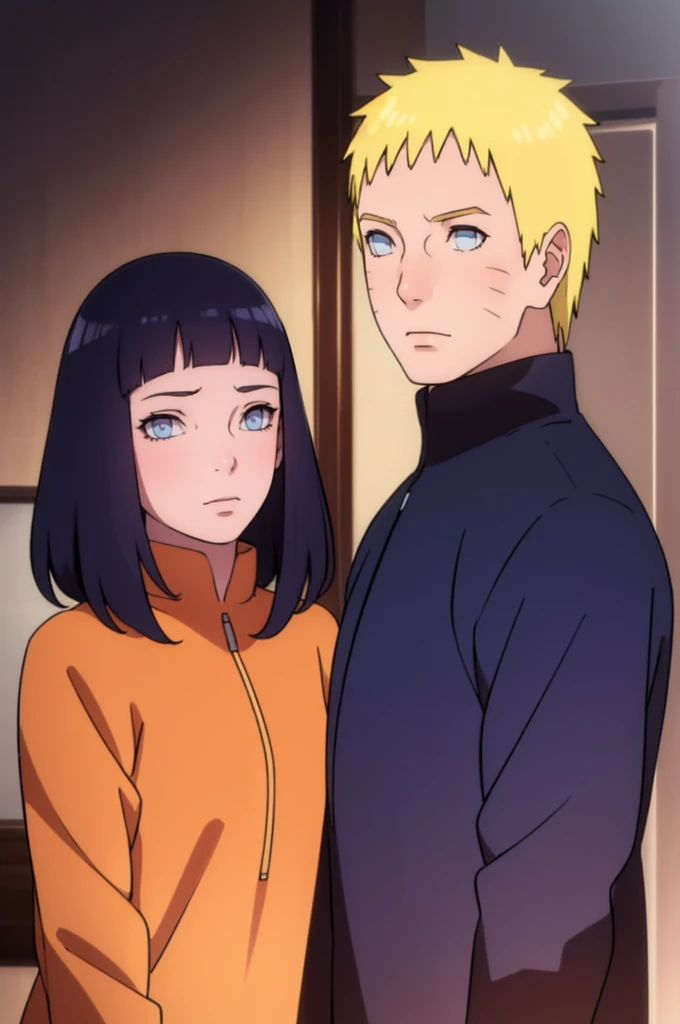 ((Realistic lighting, Best quality, 8K, Masterpiece: 1.3)), Clear focus: 1.2, 1girl, 1 boy, blunt bangs girl, dark blue haired girl, blonde man, blue eyes man, purple eyes girl, black hair girl, standing, couple, naruto and hinata, beautiful and handsome, naruhina