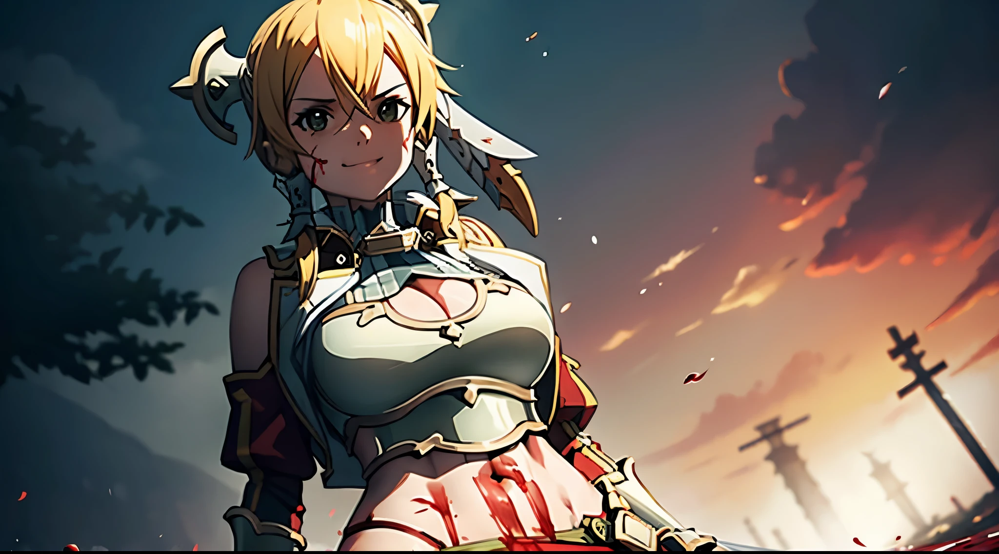 girl, slaughter, belly button, big breasts, femdom, slaughter, Blood on the body, Blood on the armor, Blood on the belly button, Blood on the stomach, Blood on the breasts, provocation, tall, long sword, slashing sword, splashing blood, tall, Blood, gun, knife, sword, war, underwear, kill, Behead, shot from below, sensual, Blood on the breasts, smile, miscellaneous soldiers