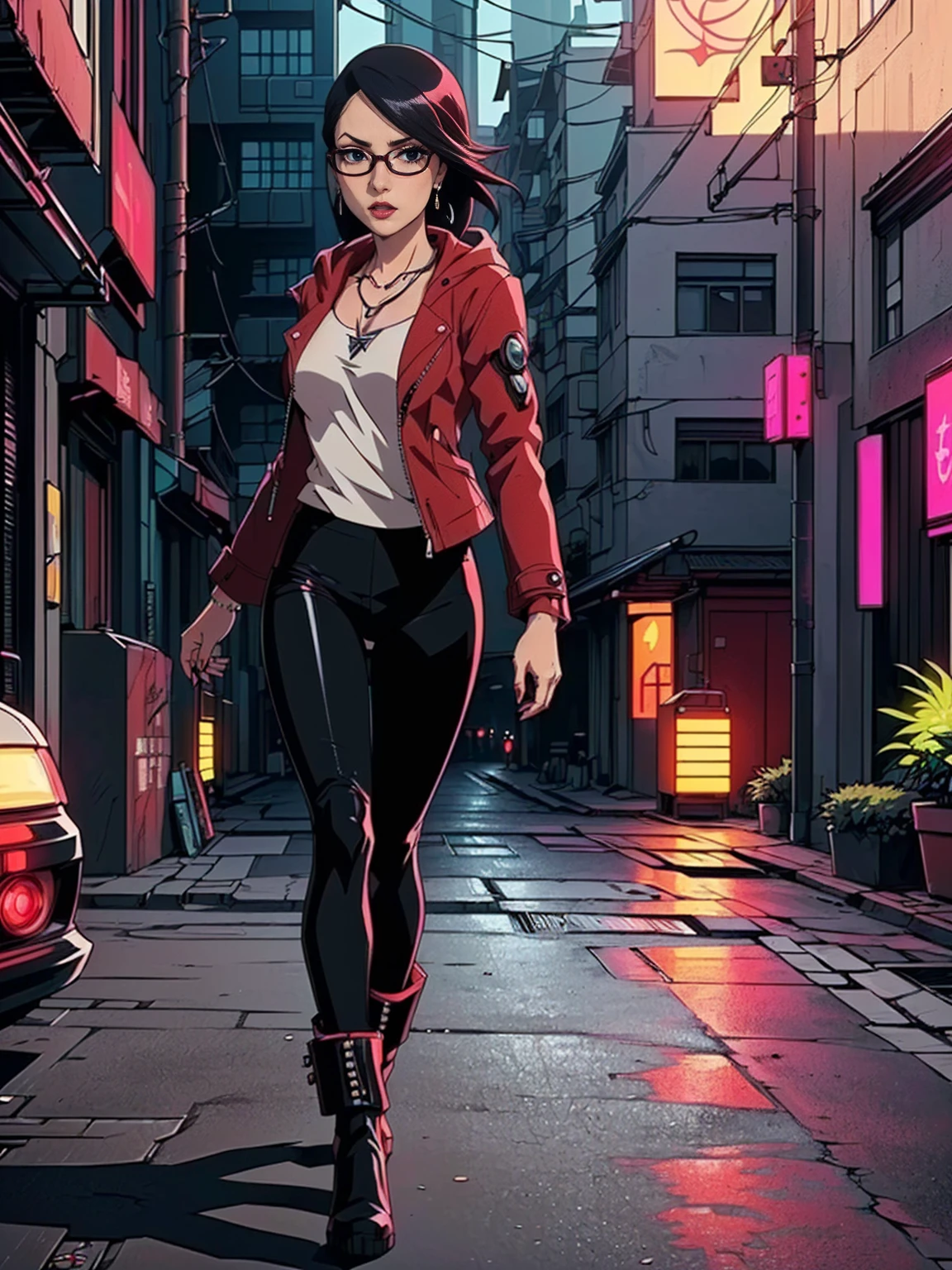 ((1girl, solo ,alone, Sarada Uchiha, short hair, ((black eyes, glasses)), uchiha sarada)), ((solo, 1woman, pink lipstick, Extremely detailed, ambient soft lighting, 4k, perfect eyes, a perfect face, perfect lighting, a 1girl)) austere, ((anime girl, ((women's long ankle boots, dark red jacket, long jacket, black pants, ruby earrings, necklace)), cyberpunk anime girl, cyberpunk in hoodie, badass anime, cute cyberpunk girl, cyberpunk streets in, cyberpunk style, cyberpunk white outfit,  cyberpunk, full cosplay, ((sharp face)), official art, beautiful, mature, walking in the street))