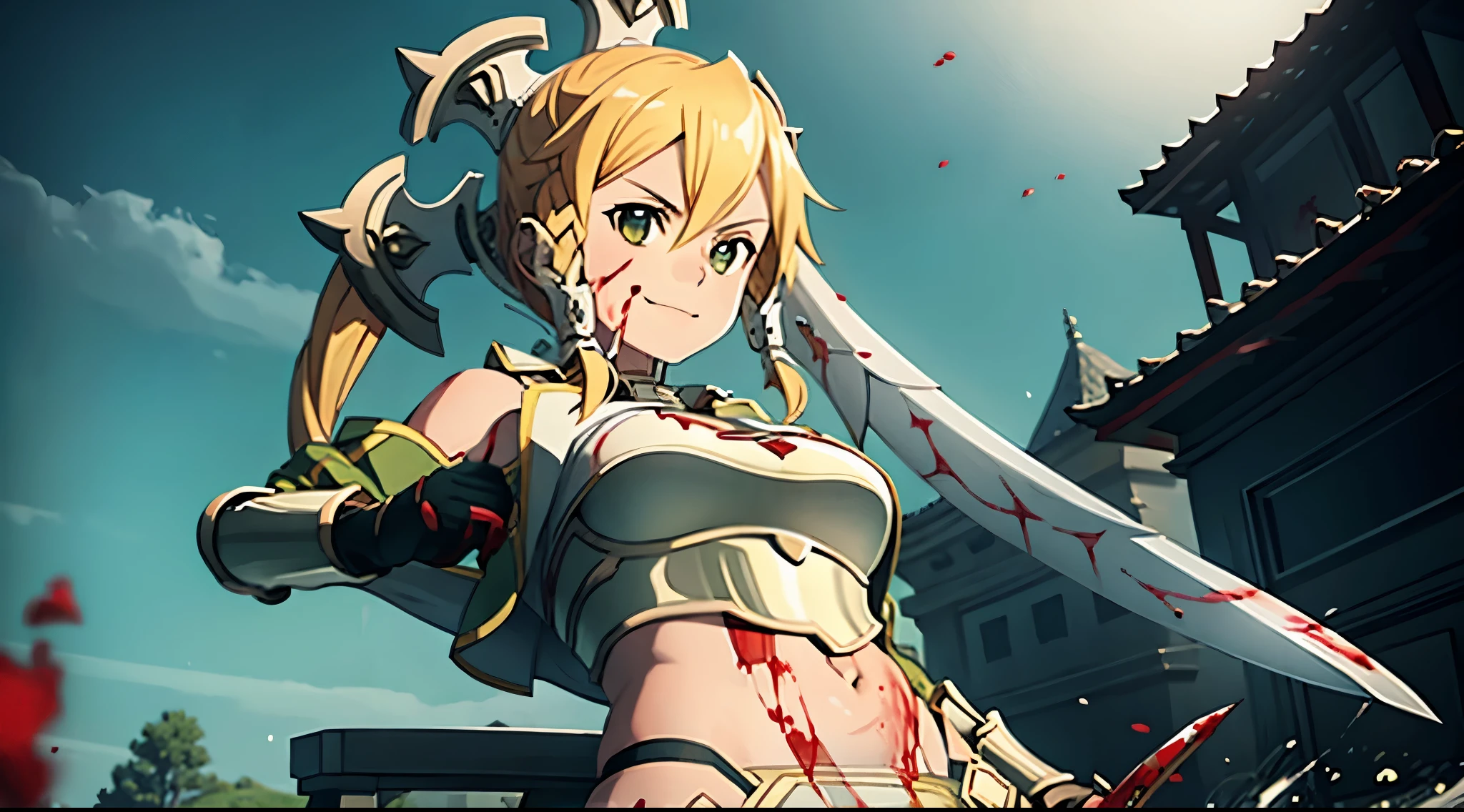 girl, slaughter, belly button, big breasts, femdom, slaughter, Blood on the body, Blood on the armor, Blood on the belly button, Blood on the stomach, Blood on the breasts, provocation, tall, long sword, slashing sword, splashing blood, tall, Blood, gun, knife, sword, war, underwear, kill, Behead, shot from below, sensual, Blood on the breasts, smile, miscellaneous soldiers