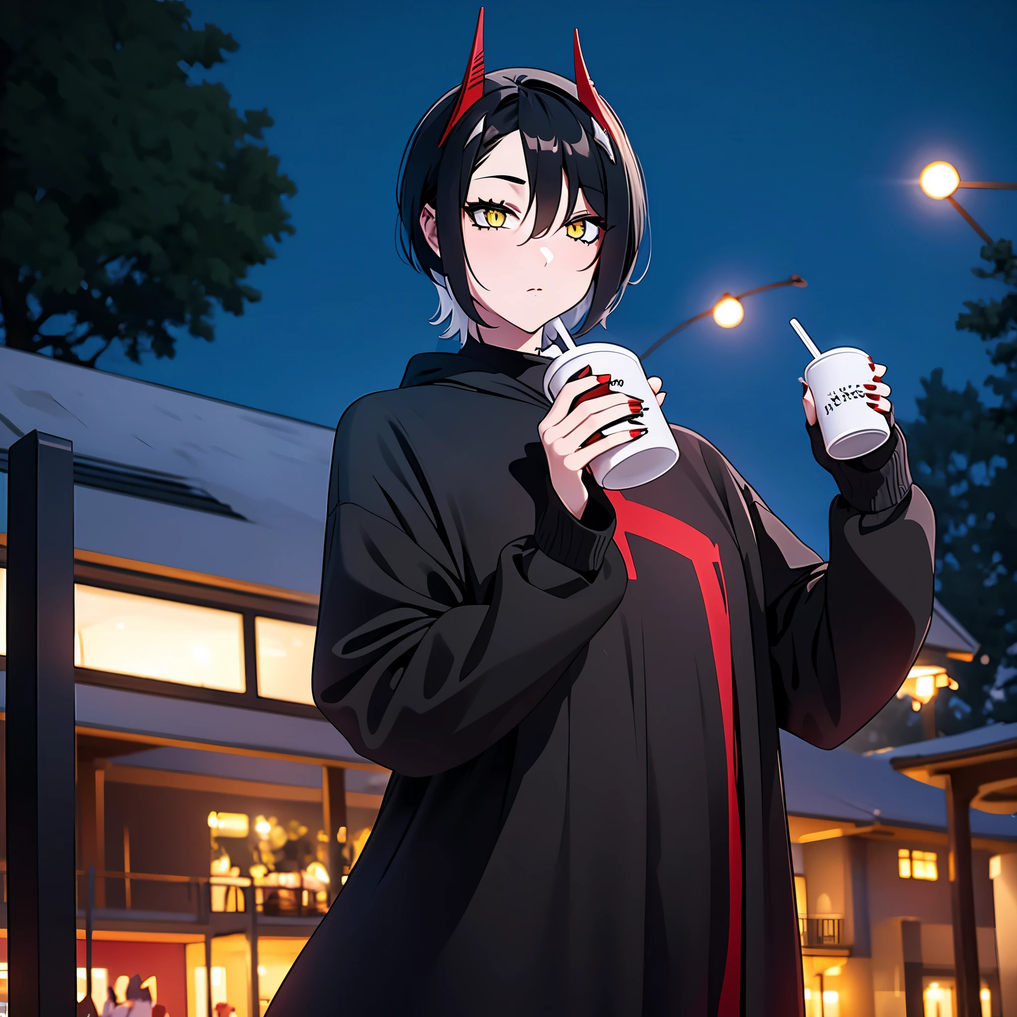 a woman with casual clothes, short black hair, yellow eyes, small red horn, in a park at night drinking a hot chocolate.
