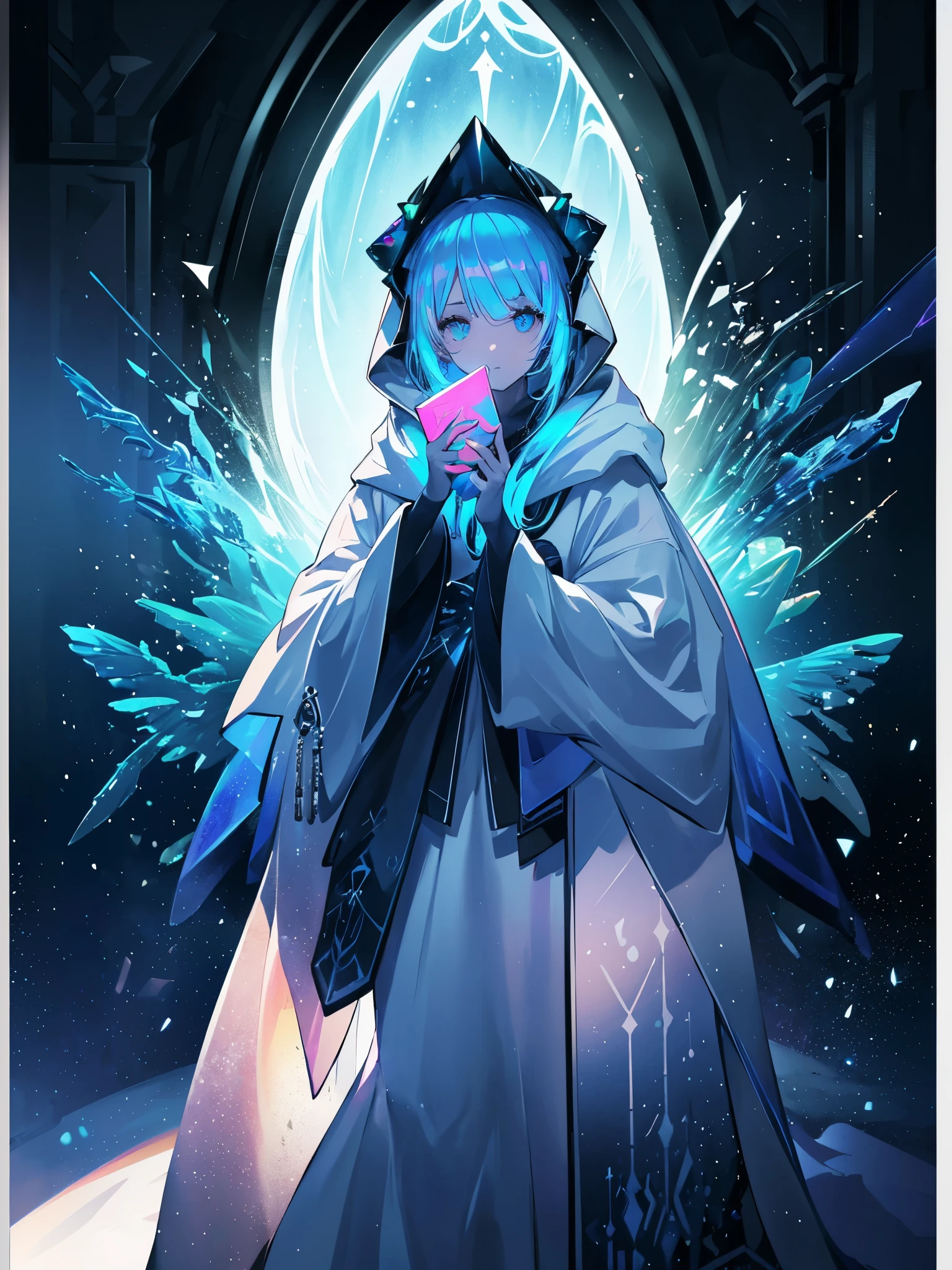 a girl with a hood that covers her face, long sideburns that curve into her face, glassy eyes, focused eyes, white eyebrows, white hair, looking down, (((holding a book with moving colored pages, neon pages, of book come out magical runes))), colorful sparkles, multicolors, {extremely detailed 16k CG unit wallpaper}, expansive landscape photography, (a low view with focus on the scenery), (wide view of open field), (low angle photo), (high light: 1.2), (low light: 1.7), (warm light source: 1.5), complex details, (iridescent colors: 1.5), (bright lighting), (atmospheric lighting)
