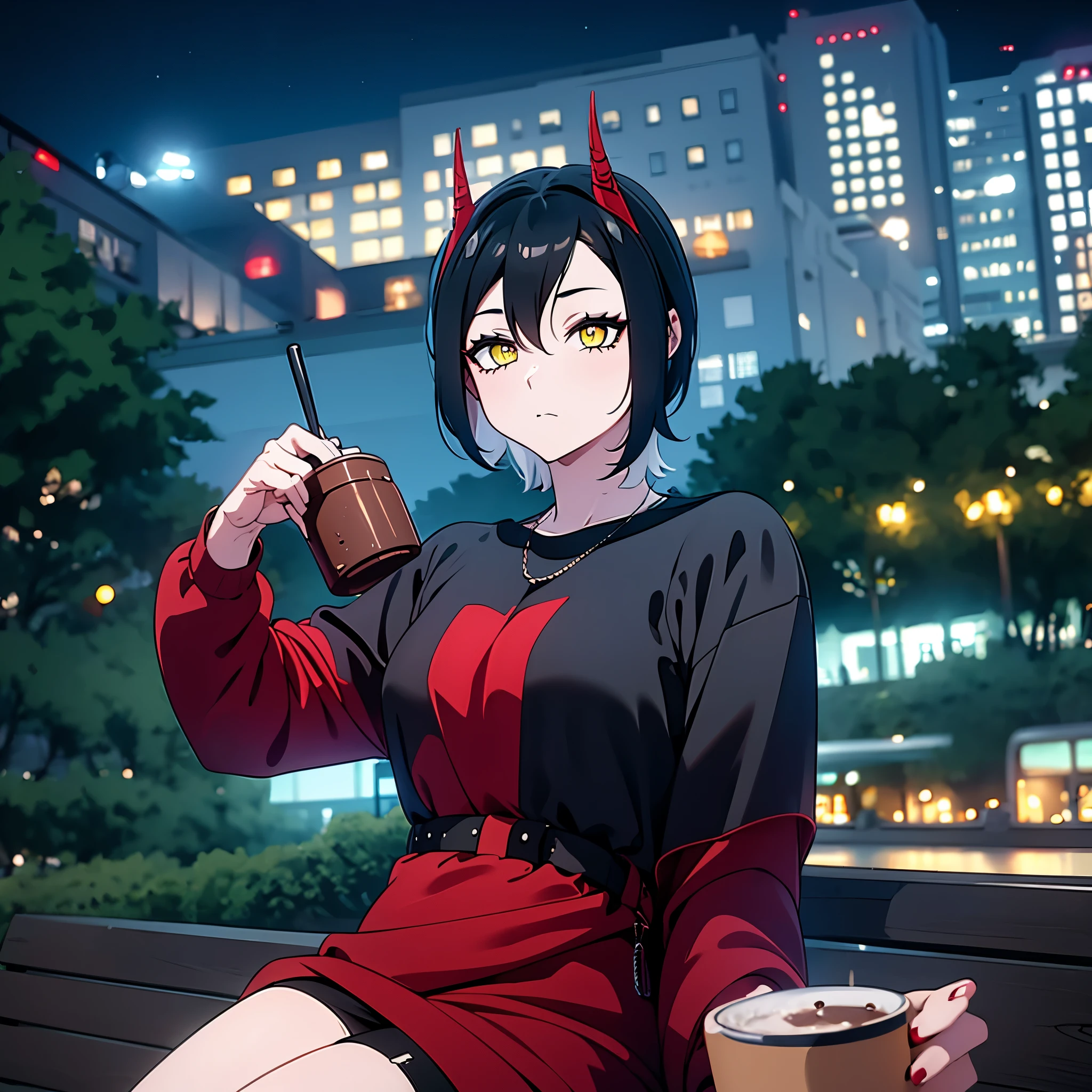 a woman with casual clothes, short black hair, yellow eyes, small red horn, in a park at night drinking a hot chocolate.
