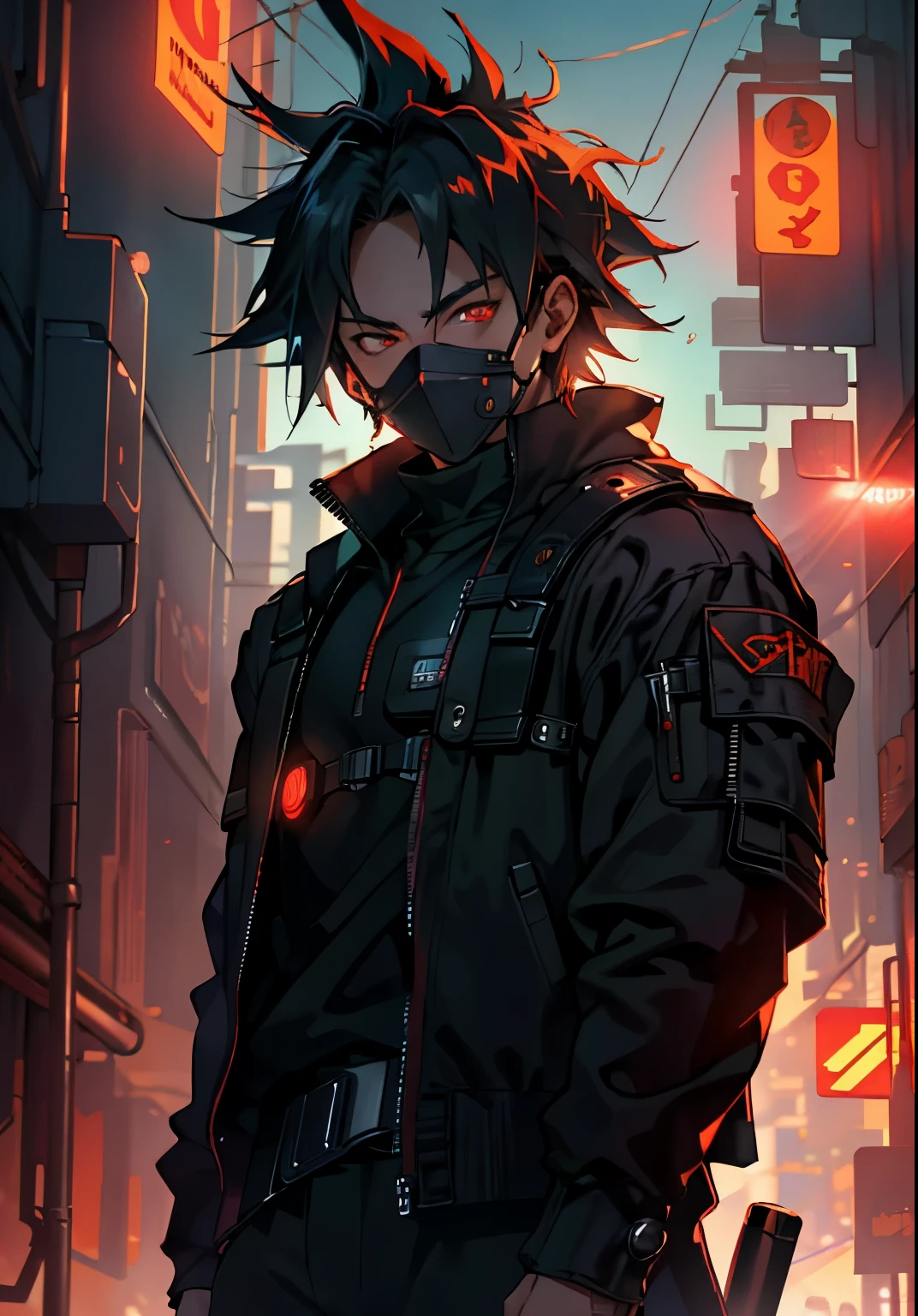 ultra detail, high resolution, ultra detailed, best quality, amazing, top quality, extremely detailed CG unity 8k wallpaper, cinematic lighting, cyberpunk, dark boy, goku gang facemask, glowing red eyes