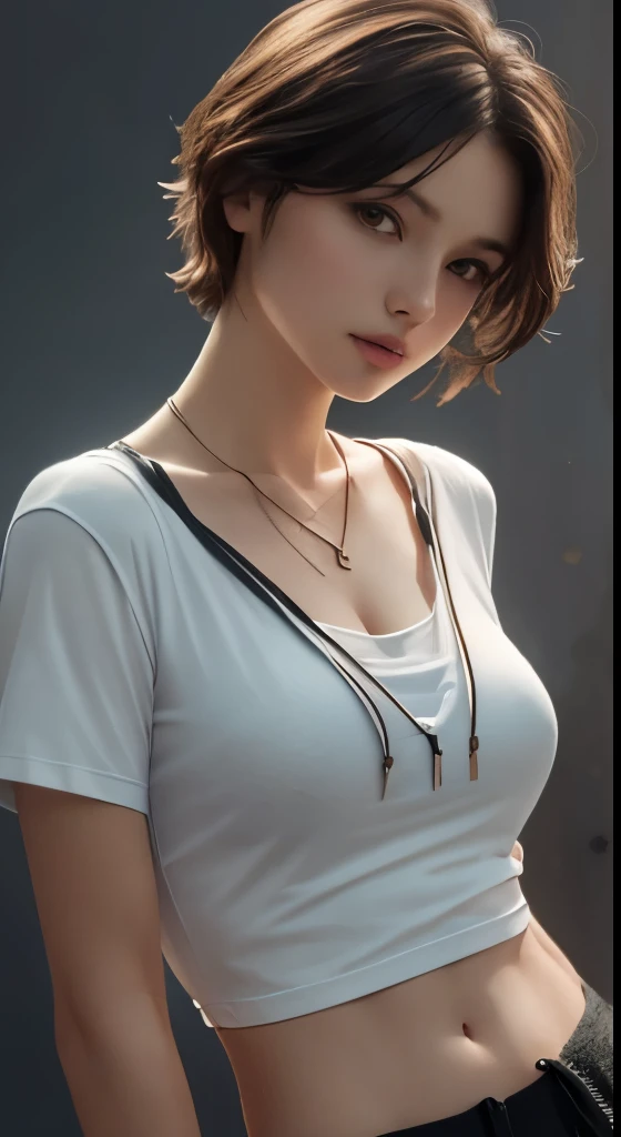 (masterpiece, highest quality, photorealistic, High resolution, photograph, :1.3), close up shot, sharp focus, (1 brunette girl, european girl, hot models), realistic skin, (slim body shape, perfect body, beautiful navel, thin waist, cleavage), short hairstyle, highly detailed hair, delicate and sexy face, sexual gaze, glossy lips, ((Wearing a drawstring front T-shirt, wearing a pendant)), ((bright light, dynamic lighting, realistic, super realistic, realism, realistic detail))、Gray background