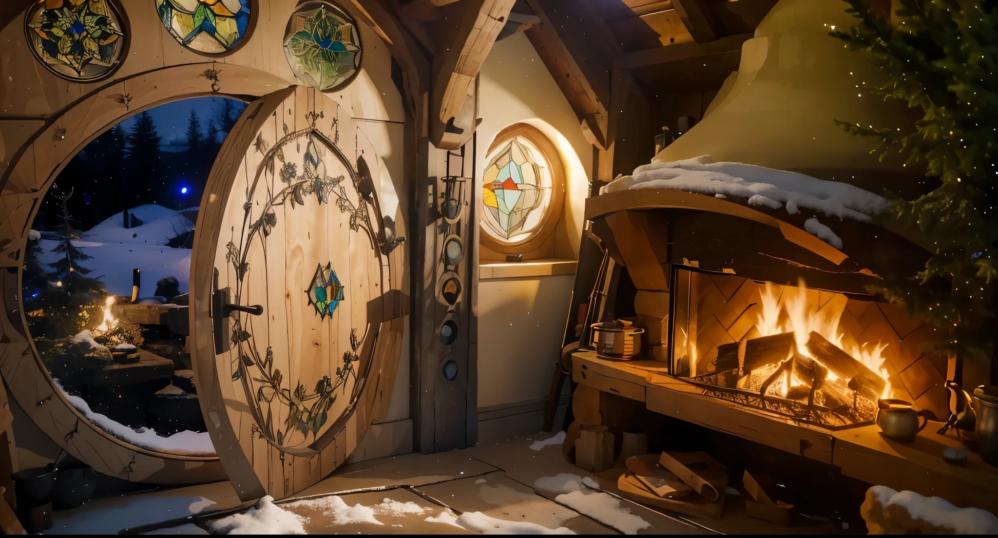 large fireplace at hobbit wooden house. Its winter and night, snow is out there of the door. A room full of objects, a table with goods, kettle and coffe cup, a bookshel aside the fireplace, and at the end, a pretty stained glass, a room of detailed objects (DO IT BETTER, MORE DETAILED)