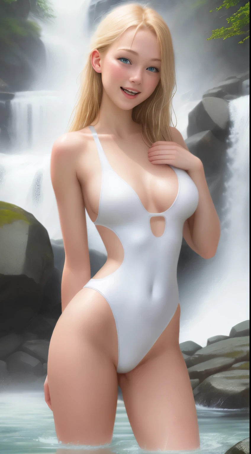 best quality, 18-year-old girl, wet white revealing swimsuit, large bust, nipples visible through fabric, standing under a waterfall, blonde, blue eyes, emotion of laughter, highly qualified photo hyperdetalization, clear body shapes, full-length, masterpiece