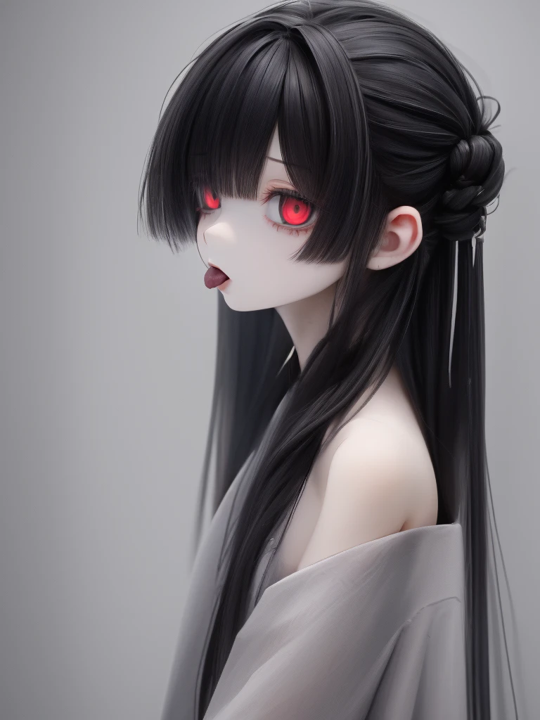 (6 year old girl,young girl,,pale skin,,Eyes without highlights,No expression,red eyes,black hair,,,),,,,(cute:1.2),,,(masterpiece, highest quality, Super detailed, focus on character),,,,,,,hair over both eyes,magersucht,morbid mood,sicko creep,,unwholesome pallor,morbid fascination,morbid phenomenon,,diseased state,morbid condition,,leotard,,,,,showing tongue,,,,