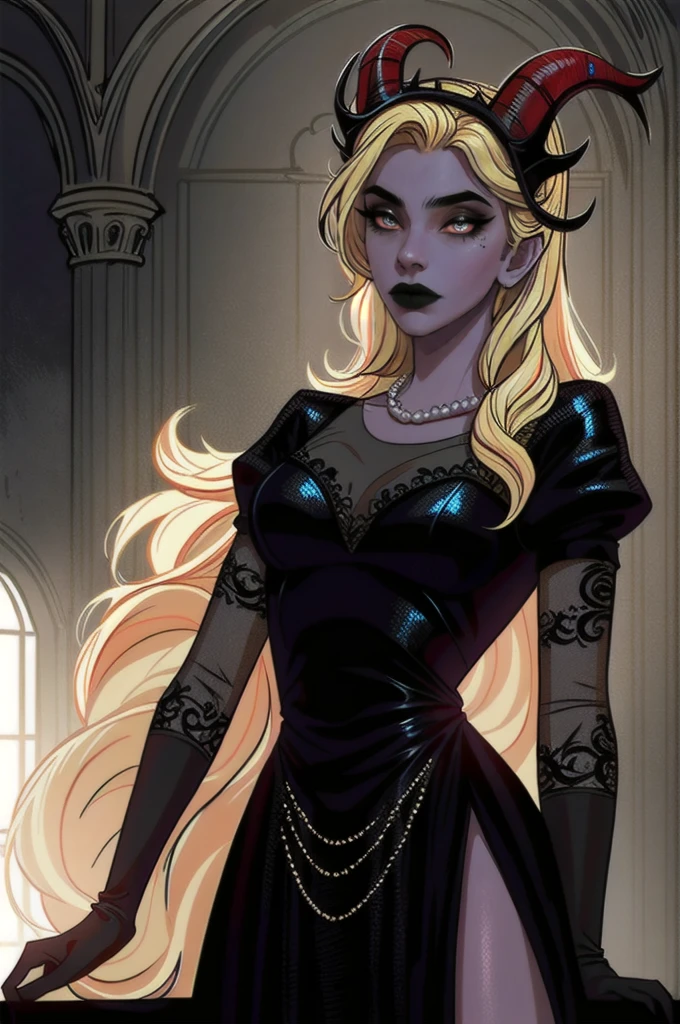 (Lilith:1.2), (grey/gray skin, grey sclera, long blonde hair, white iris, demon horns, makeup), (DefaultOutfit:1.2), (long dress, sleeves, gloves, black dress:1.5), (castle, inside a castle, Victorian theme), (realistic:1.2), (masterpiece:1.2), (full-body-shot:1),(Cowboy-shot:1.2), neon lighting, dark romantic lighting, (highly detailed:1.2),(detailed face:1.2), (gradients), colorful, detailed eyes, (detailed landscape:1.2), (natural lighting:1.2), (powerful pose:1.2), (solo, one person, 1girl:1.5),