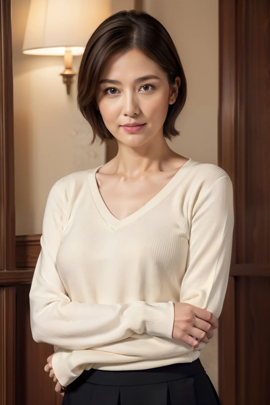 highest quality, masterpiece, High resolution, Photoreal, Raw photo, 8k wallpaper, Flawless, professional lighting, very detailed, Depth of the bounds written, facing forward, hotel lobby, one beautiful woman, 40 years old, sexy, detailed face, beautiful eyes, bangs, good shape big breasts, straight hair, short hair, faint lips, look at the viewer, serious face eyes, Light-colored V-neck sweater, skirt, cowboy shot