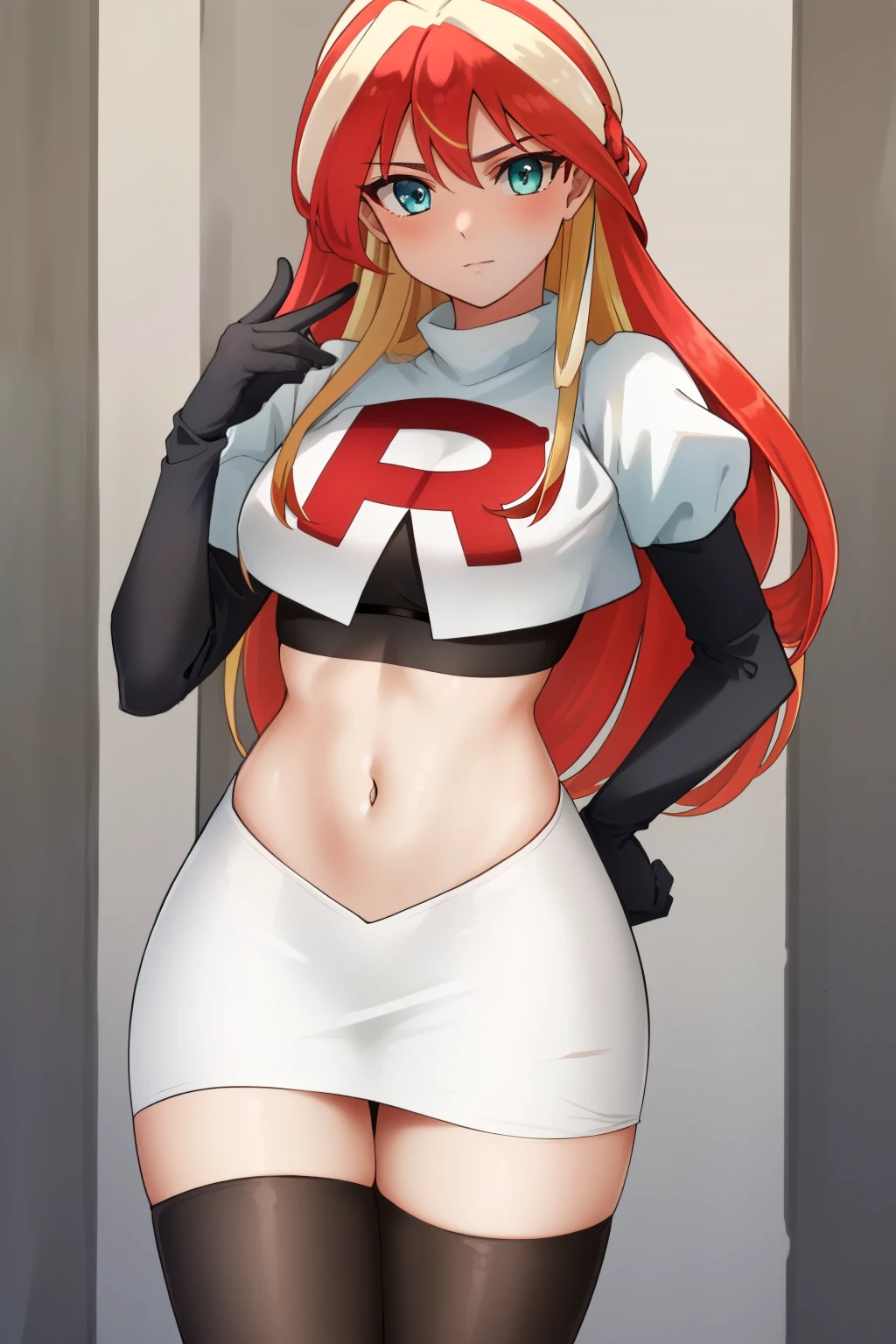 ((best quality)), ((highly detailed)), masterpiece, (detailed eyes, deep eyes), (1girl), cowboy shot, SunsetHuman, (multicolored hair, (two-tone hair:1.1), red and blonde hair), BREAK, aqua eyes, team rocket,team rocket uniform,white skirt,red letter R,crop top,black thigh-highs,black elbow gloves