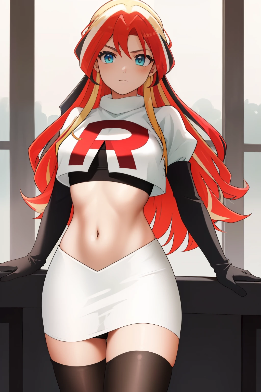 ((best quality)), ((highly detailed)), masterpiece, (detailed eyes, deep eyes), (1girl), cowboy shot, SunsetHuman, (multicolored hair, (two-tone hair:1.1), red and blonde hair), BREAK, aqua eyes, team rocket,team rocket uniform,white skirt,red letter R,crop top,black thigh-highs,black elbow gloves