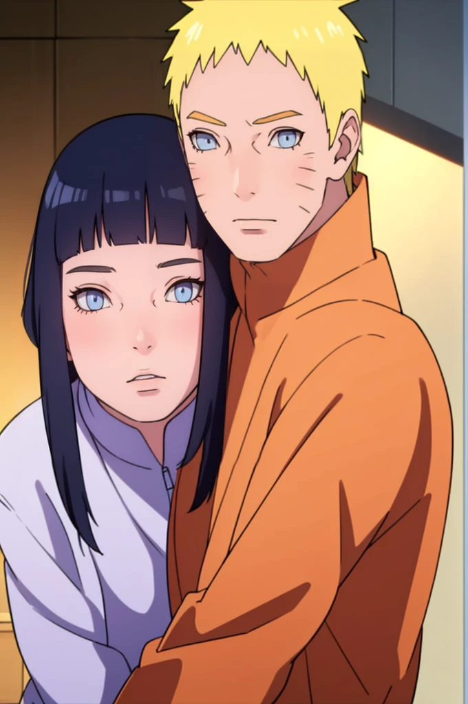 ((Realistic lighting, Best quality, 8K, Masterpiece: 1.3)), Clear focus: 1.2, 1girl, 1 boy, blunt bangs girl, dark blue haired girl, blonde man, blue eyes man, black hair girl, purple eyes girl, standing, couple, naruto and hinata, beautiful and handsome, naruhina