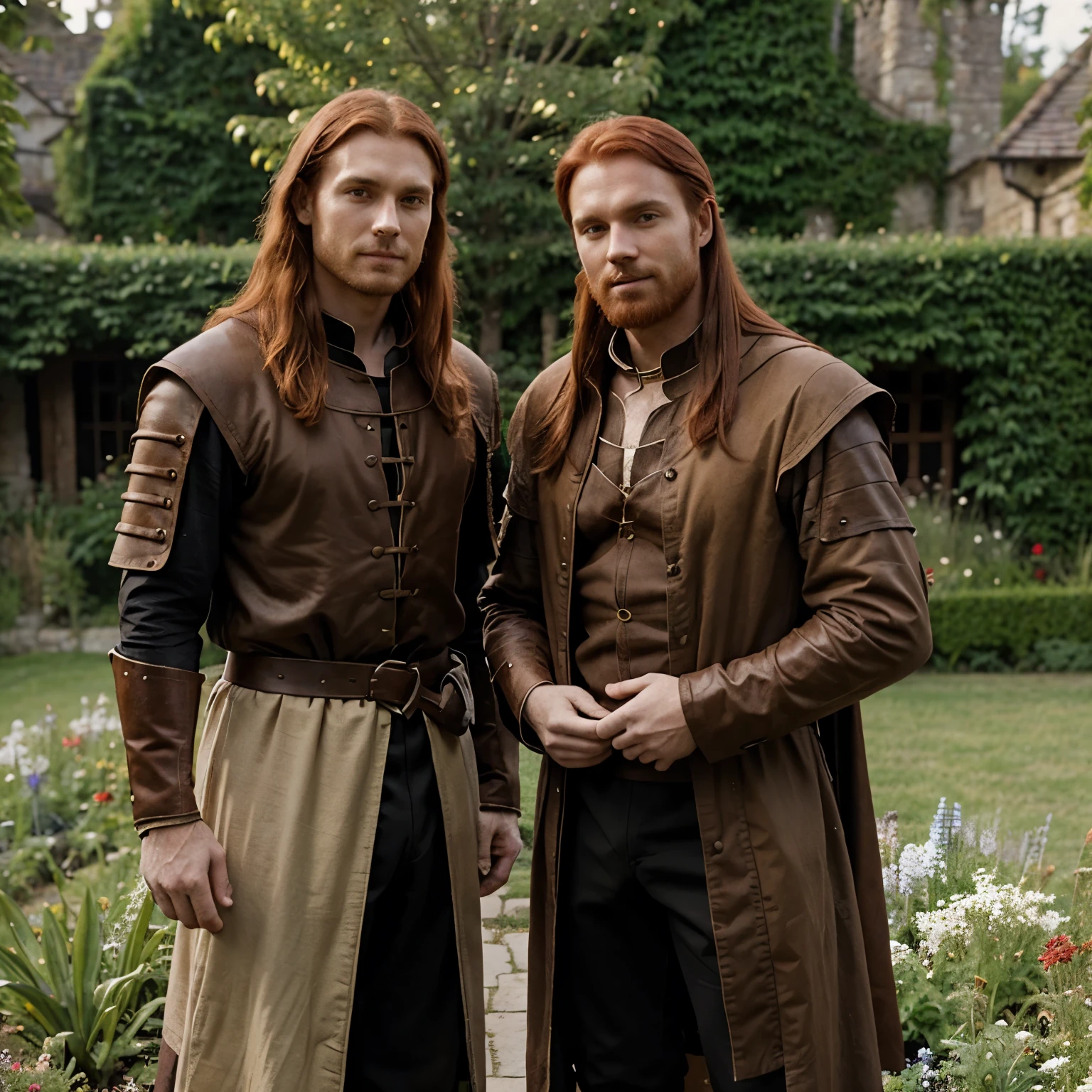 A light brown man and a red-haired man dressed in medieval clothing posing for a picture., as a medieval fantasy character, in a garden