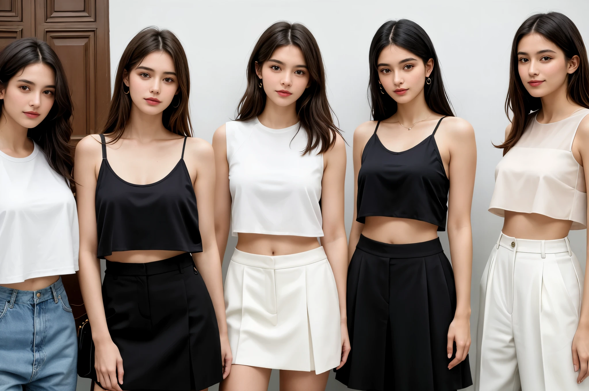 three women standing next to each other in front of a building, 3 young and Belle femme, Malika Favre, Goddesses, Belles filles, beaux visages, dans les coulisses de la fashion week, porter un haut court, mannequin characteristics, Belle femme, Art Geneviève Gauckler, wear a black cropped tank top, des visages magnifiques, de belles personnes, Adout Akech, dans les coulisses de la semaine de la mode