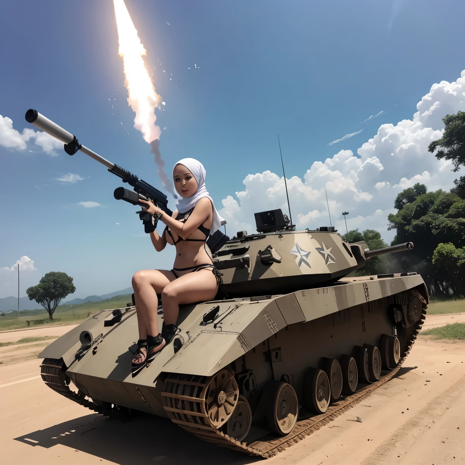 A wild and crazy busty Malaysian girl (age 25), hijab, no hair showing, wearing skull and crossbone bikini, is shooting a rocket launcher at a police tank.