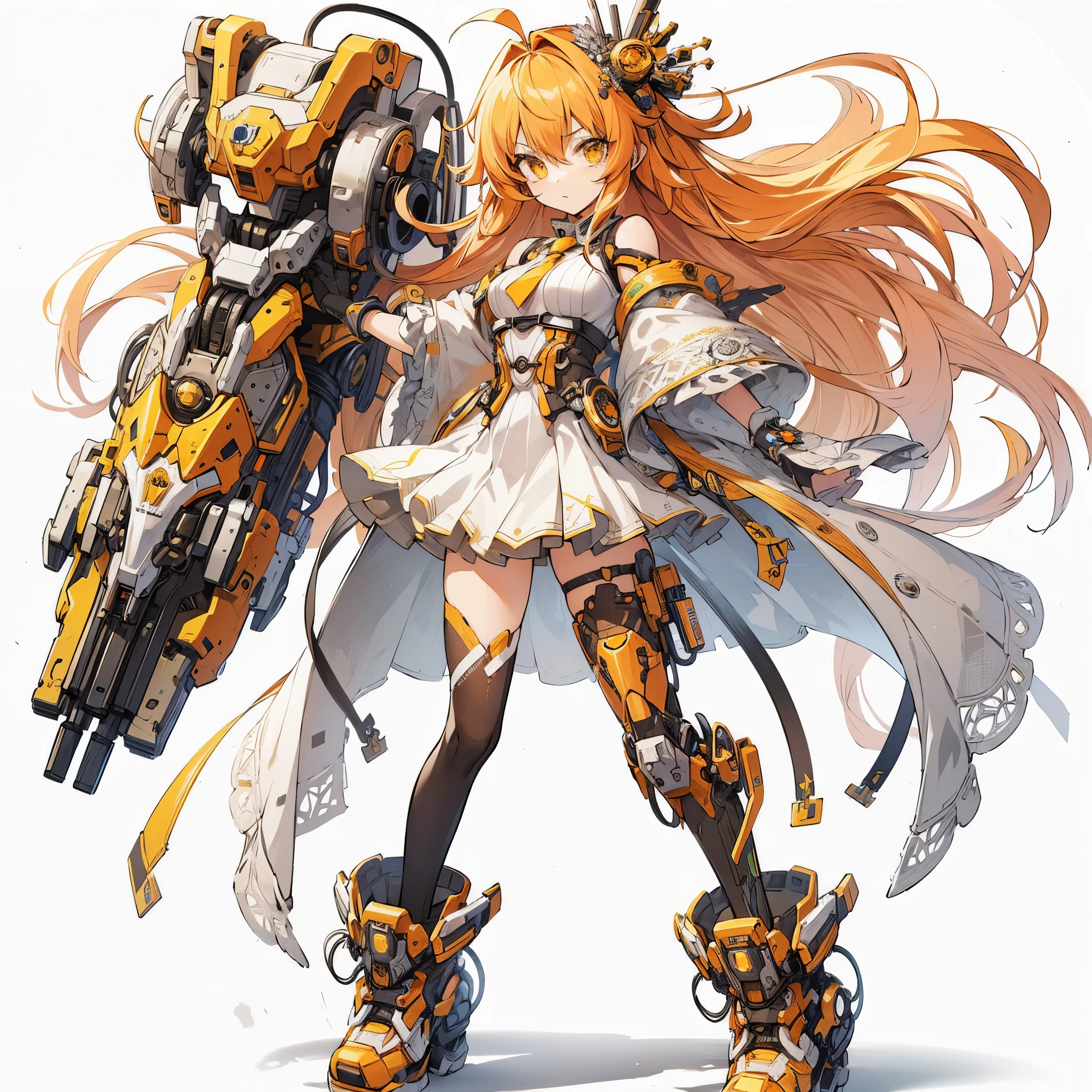 (Masterpiece, top quality), (perfect athlete body: 1.2), (detailed hair), ultra detailed, anime style, full body, solo, Cyberpunk magical girl, orange hair and yellow eyes, yellow-white armored magical girl costume, hold up mechanical gauntlet, wearing hi-tech boots, standing wasteland, white background, whole body,