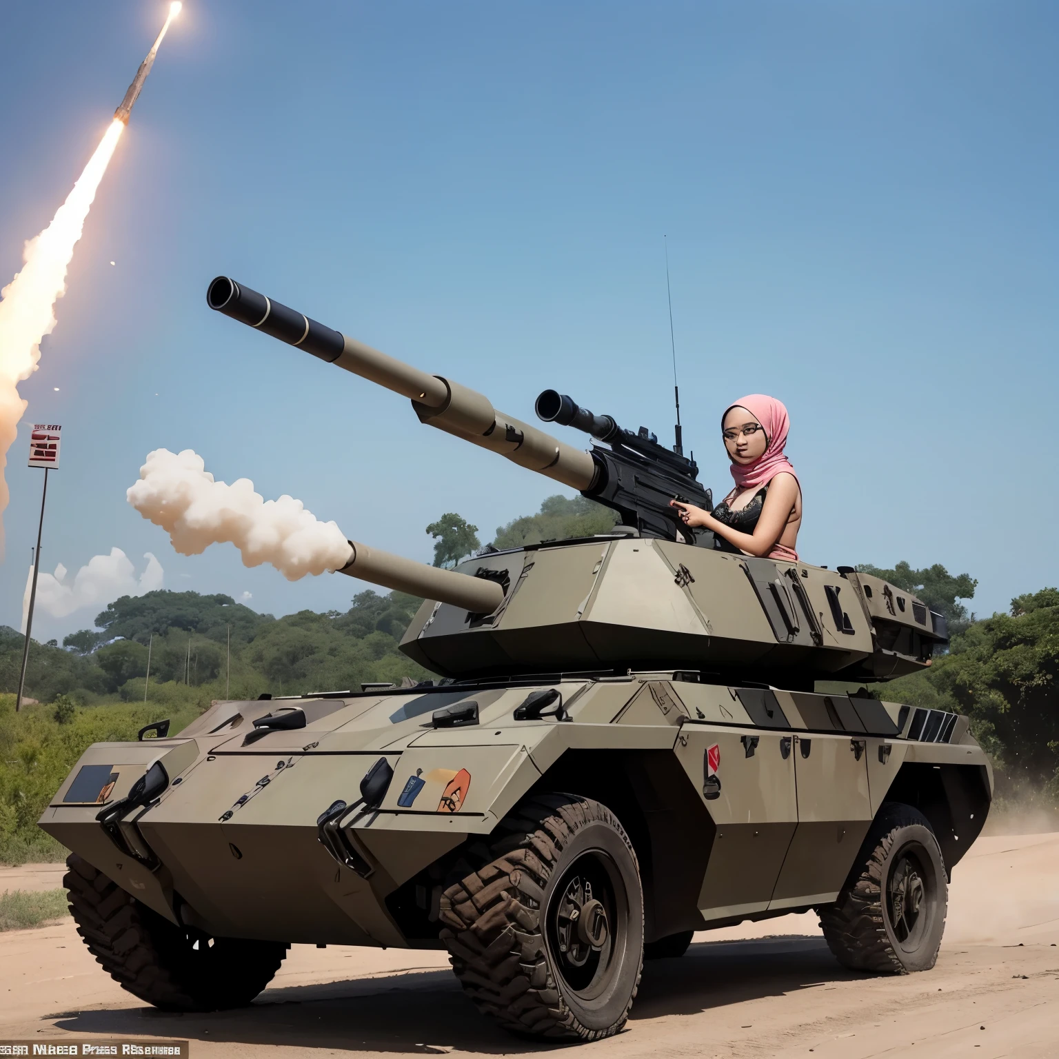 A wild and crazy Malaysian girl (age 25), hijab, no hair showing, wearing skull and crossbone bikini, is shooting a rocket launcher at a police tank.