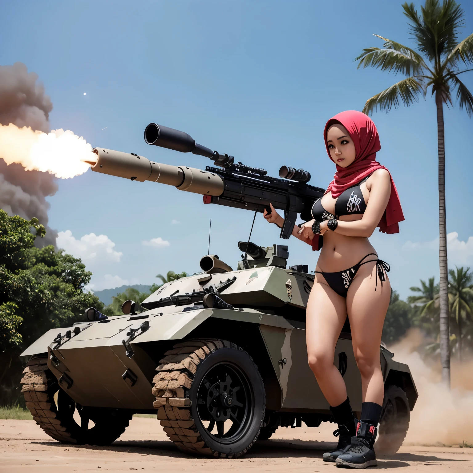 A wild and crazy busty Malaysian girl (age 25), hijab, no hair showing, wearing skull and crossbone bikini, is shooting a rocket launcher at a police tank.