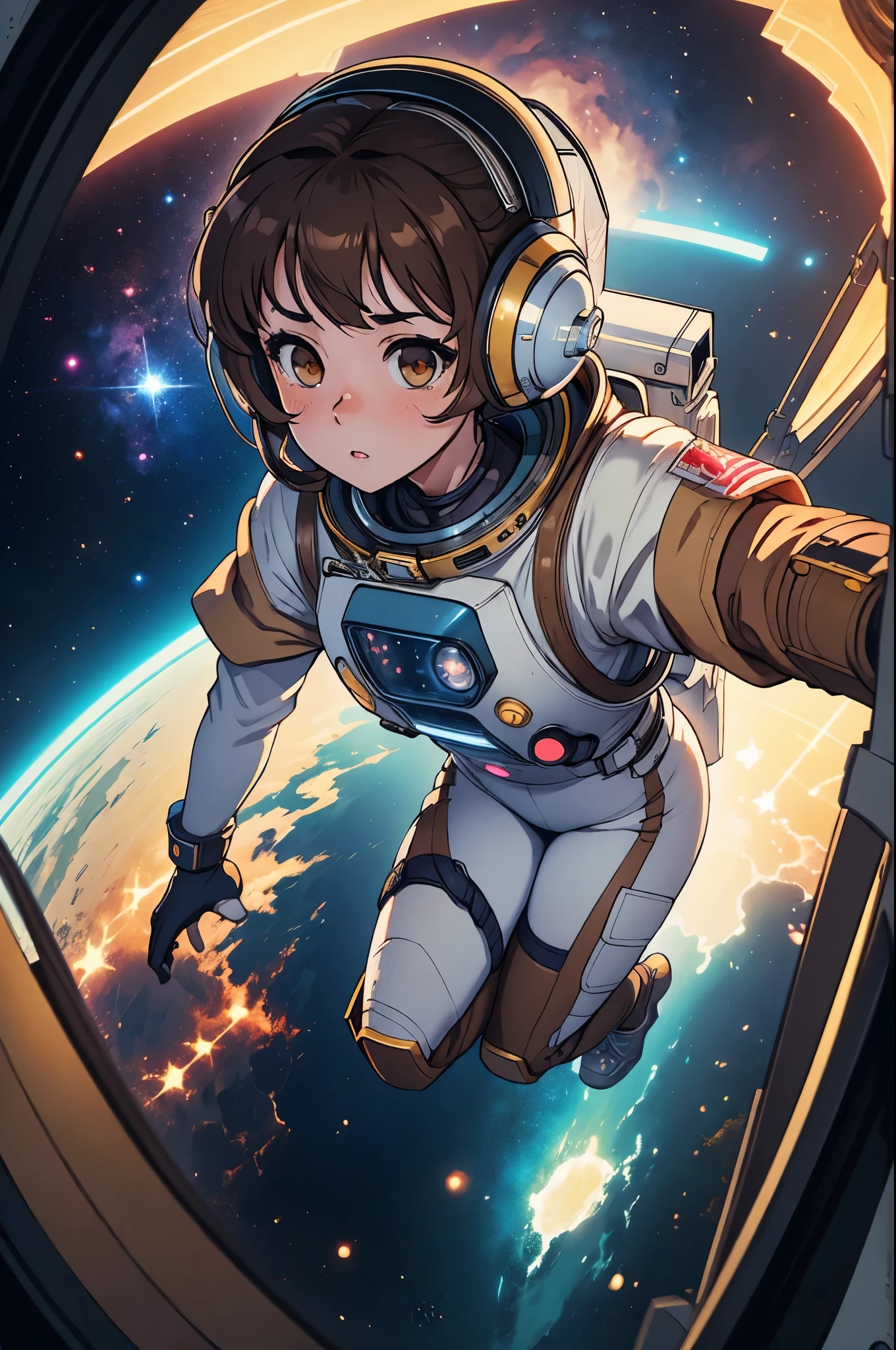 masterpiece, best quality, extremely detailed, anime, hyperrealistic, photorealistic, 8k, from above, a pretty girl, space, spacesuit:1.2, space helmet, floating:1.1, earth, running pose, wide-angle lens distortion, ultra detailed face, brown hair, glove