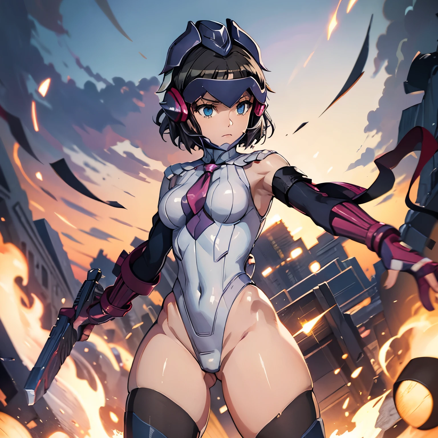 ultra-detailed, Explicit, Beautiful body, Beautiful Nose, Beautiful character design, perfect eyes, perfect face, ultra highres, 4K, beautiful legs, perfect legs, Nice hands, Perfect hand, Masterpiece, Best Quality, Highly detailed, illustration, absurdres, perfect anatomy, street fighter, doll suit, shadaloo doll, dollsuit, expressionless, blank eyes, looking at viewer, red gloves, emotionless, black latex, corrution, mind control, female combatant, full body, hypnotized, unhappy trance, full body suit, ribbed bodysuit, both arms at side, obey, perfect female body, extremely glossy latex, hypnosis, hypnoLora, empty eyes, Mind control device, poses, submissive_pose, Slave, standing straight, standing, standing at attention, hat, necktie, belt, latex, ribbed bodysuit, thighhighs, garter belt, Fighting Stance, extending the right arm from the shoulder into the air with a straightened hand, military, thigh boots, hair ornaments, black hair, short hair, blue eyes, (((pixel-perfect, detail-perfect))), solo, 1girl, Kohinata Miku ShenShoujing, Senki Zesshou Symphogear, bangs, mask, helmet, headgear