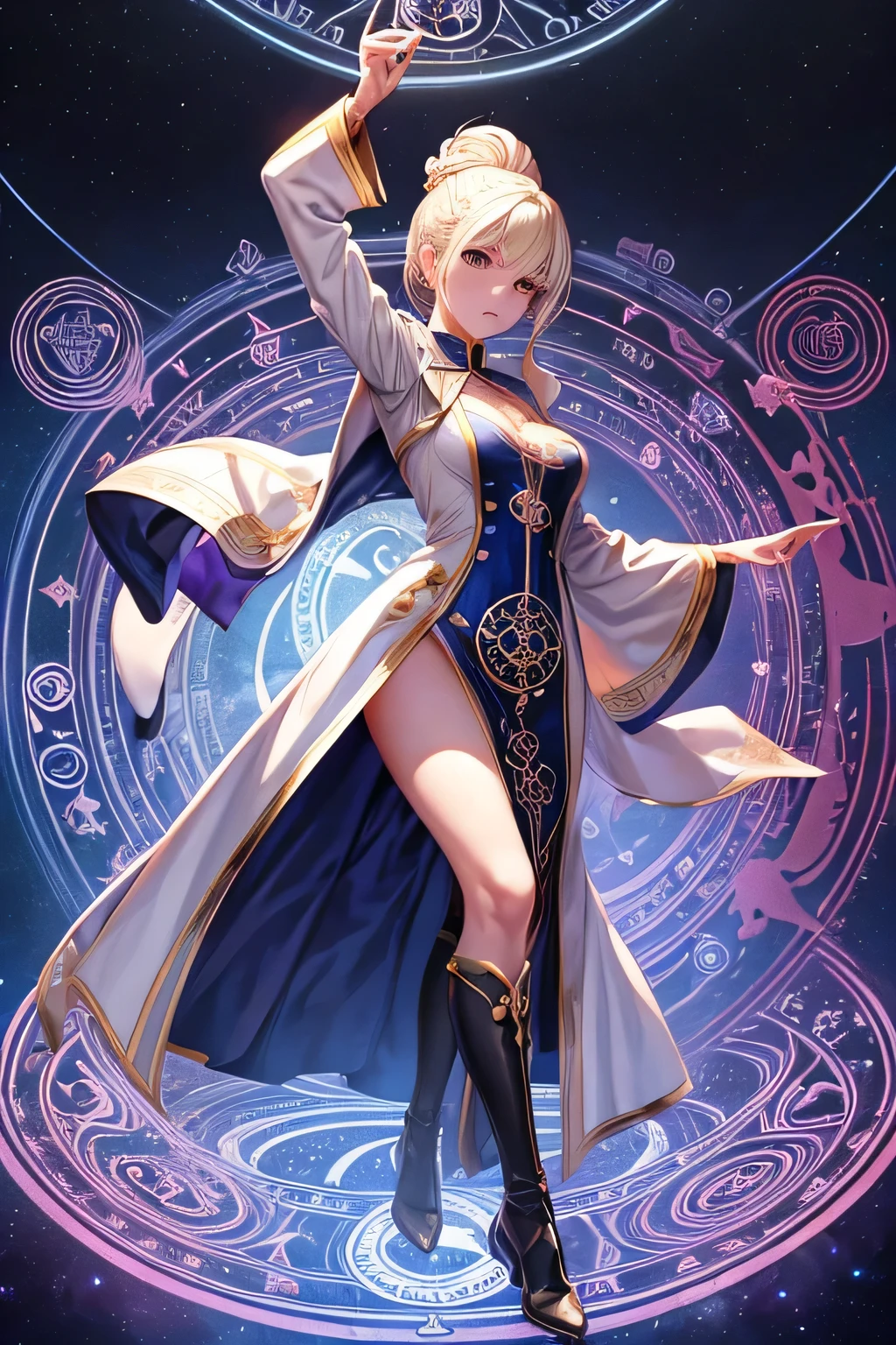 (((magic circle)))、pubic hair、moon、null、naked、coat of arms、Beautiful female magician、blonde updo、((whole body))、(((photo taken from below)))