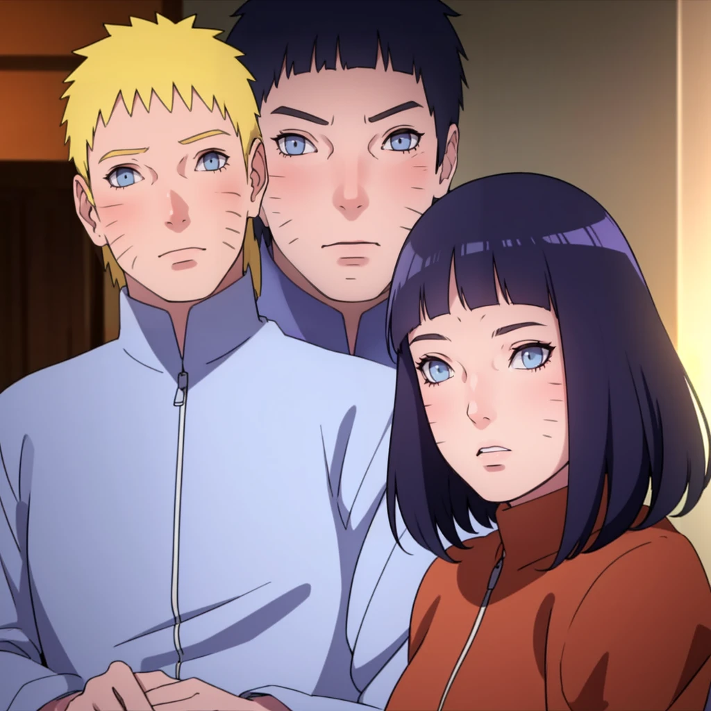 ((Realistic lighting, Best quality, 8K, Masterpiece: 1.3)), Clear focus: 1.2, 1girl, 1 boy, blunt bangs girl, dark blue haired girl, blonde man, blue eyes man, black hair girl, purple eyes girl, standing, couple, naruto and hinata, beautiful and handsome, naruhina
