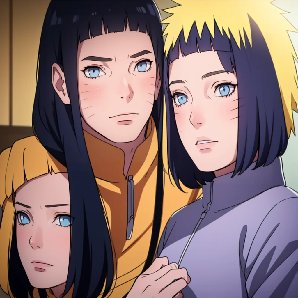 ((Realistic lighting, Best quality, 8K, Masterpiece: 1.3)), Clear focus: 1.2, 1girl, 1 boy, blunt bangs girl, dark blue haired girl, blonde man, blue eyes man, black hair girl, purple eyes girl, standing, couple, naruto and hinata, beautiful and handsome, naruhina